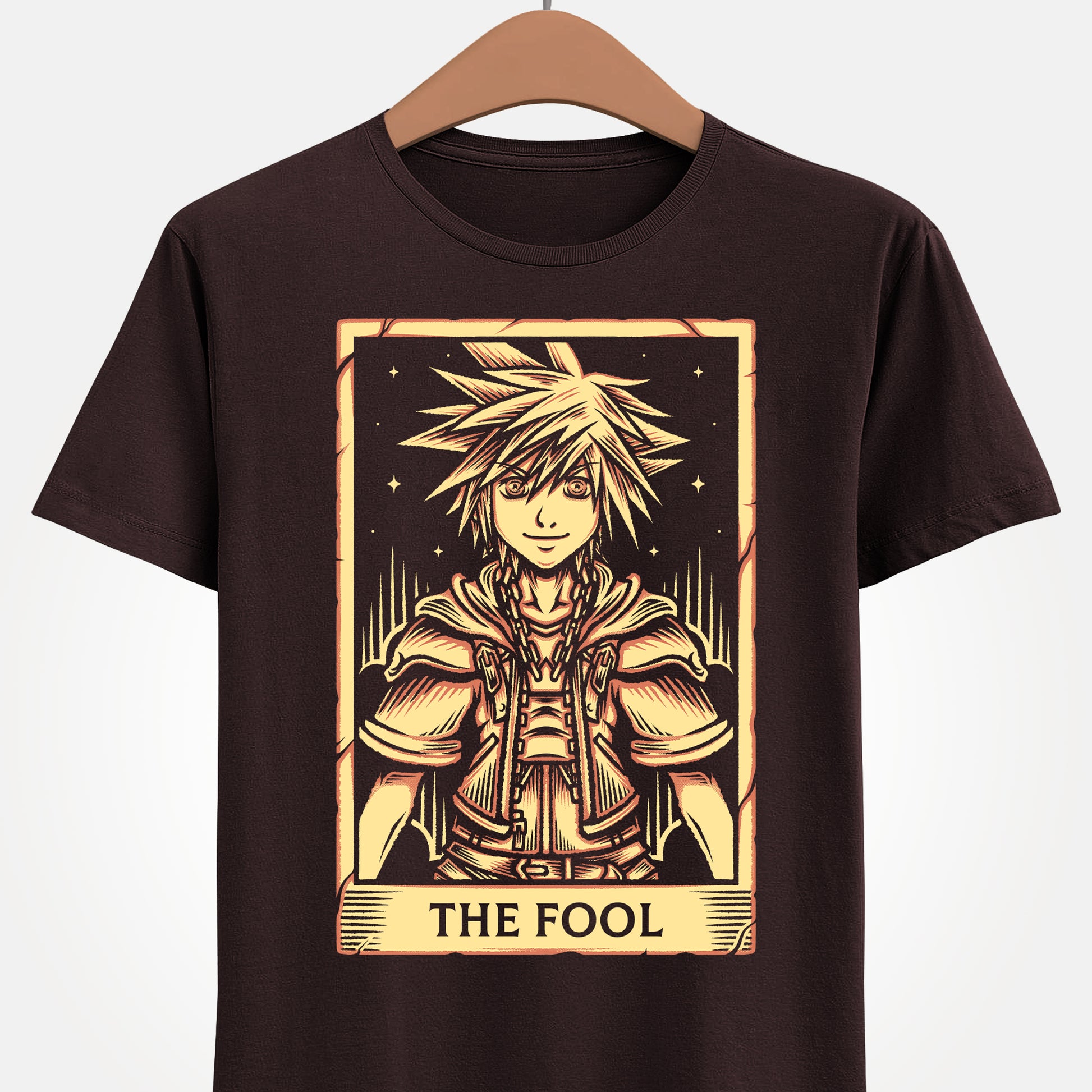 Sora from Kingdom Hearts t-shirt featuring the Keyblade wielder hero from the iconic fantasy RPG video game series in tarot card art style as the fool.