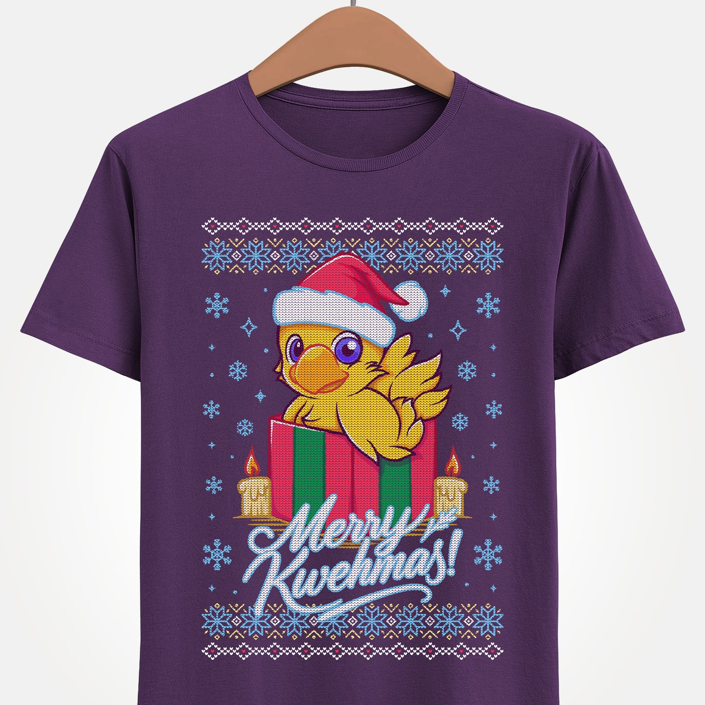 High-quality T-shirt featuring a cute Chocobo from the Final Fantasy series sitting inside a Christmas gift box and wearing a festive Santa hat. The design blends JRPG charm with adorable holiday aesthetics, making it perfect for fans of Chocobos, Christmas gaming apparel, and cute kawaii art. Ideal for gifting, collectors, and gamers who enjoy cozy festive clothing. Soft unisex tee suitable for daily wear during the holiday season. cute chocobo kawaii t-shirt, final fantasy christmas t-shirt
