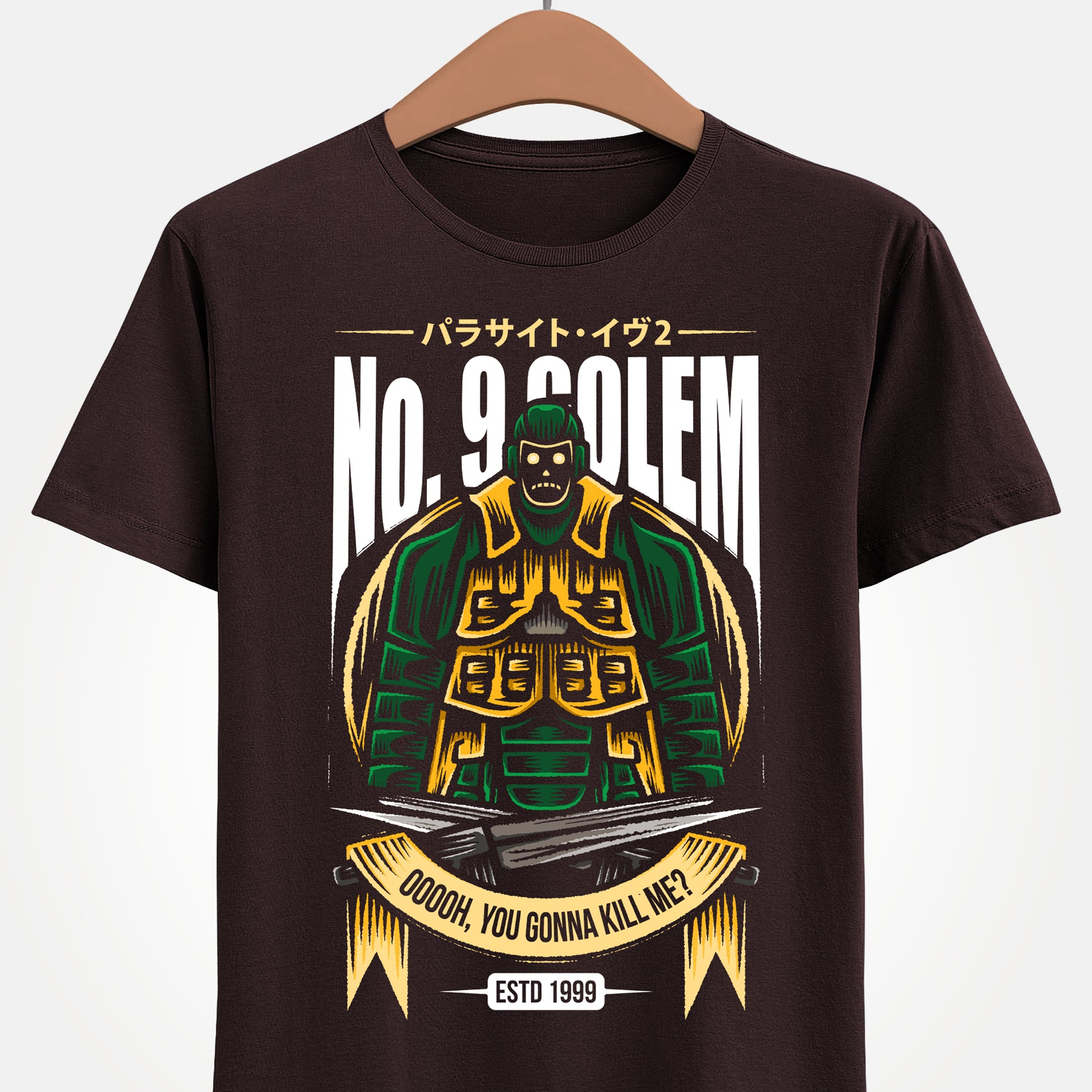 Parasite Eve II t-shirt featuring No.9 Golem boss enemy from the survival horror action RPG, inspired by classic PS1 video game design.