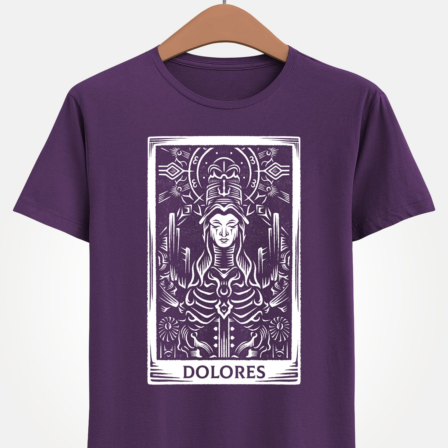Madre Dolores tarot card t-shirt inspired by Crisol Theater of Idols, gothic horror dark fantasy tarot design featuring the mysterious character in occult tarot card style artwork.