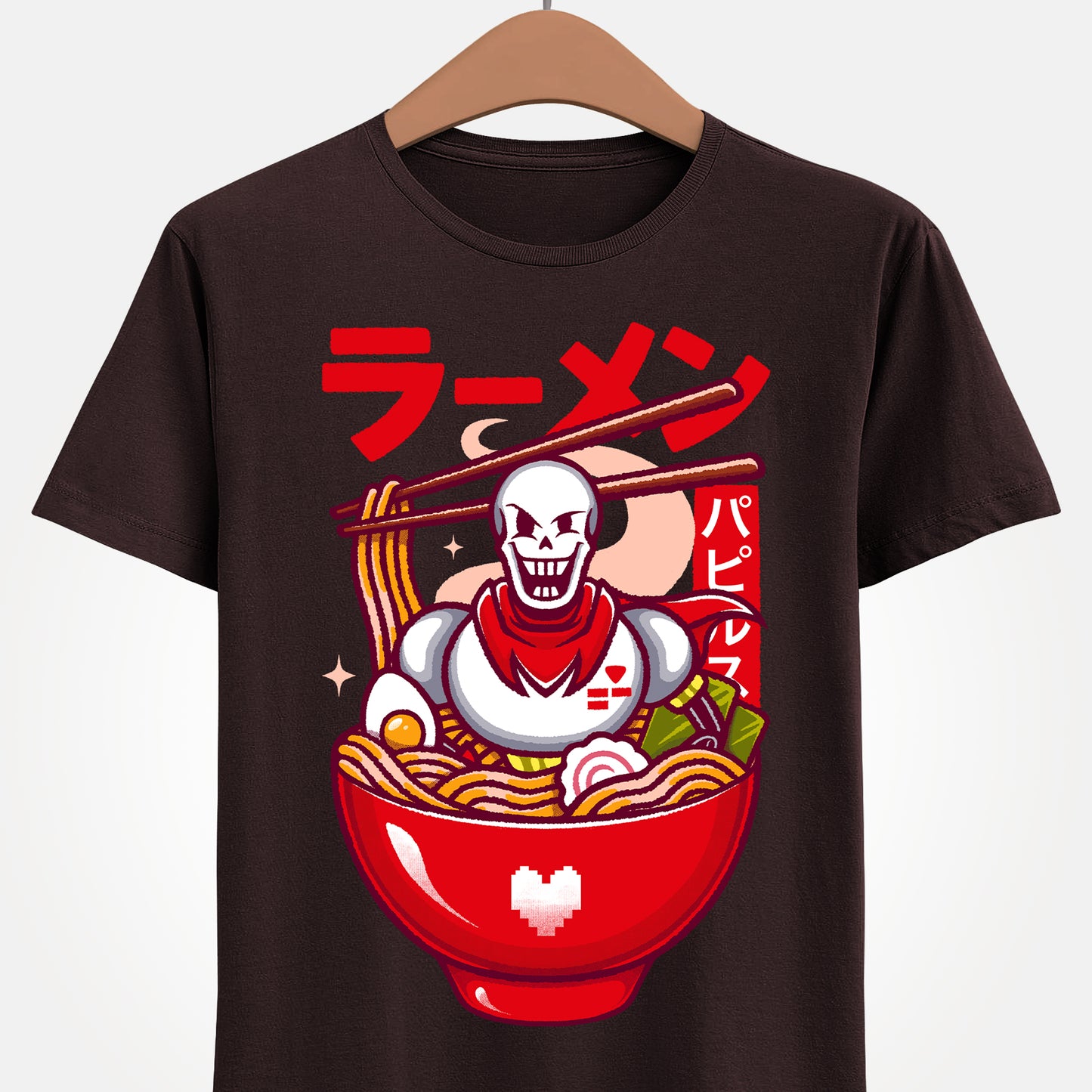 Image of a Papyrus T-shirt inspired by the indie game Undertale, featuring Papyrus sitting inside a Japanese ramen bowl in a cute kawaii art style. The design includes noodles, chopsticks and bright manga-style colors, perfect for fans of Papyrus, Sans, Undyne and the Undertale cast. Ideal for gamers who love Japanese food, ramen-themed apparel, geek culture, and unique Undertale merch with a playful aesthetic. papyrus undertale t-shirt, papyrus undertale video game merch, papyrus undertale tee