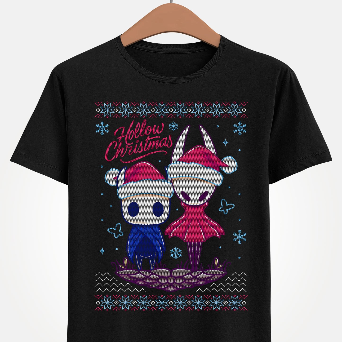 Gamer xmas t-shirt inspired by Hornet and The Knight from Hollow Knight and Hollow Knight Silksong metroidvania indie games in christmas style wearing a Santa hat.

hollow christmas, hollow knight christmas, hollow knight christmas t-shirt, hollow knight christmas tee, hollow knight christmas shirt, hollow knight christmas hornet and the knight shirt, hollow knight xmas t-shirt,  hollow knight crhistmas ugly t-shirt, xmas hollow knight merch, hollow knight silksong ugly christmas sweater shirt