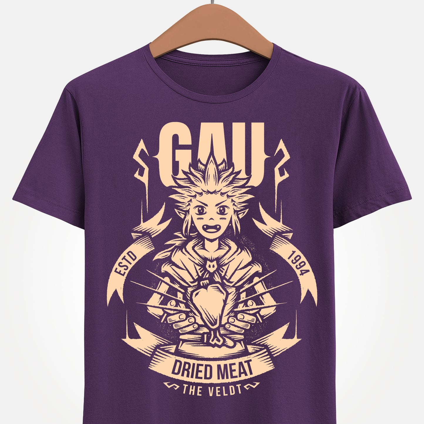 Gau Final Fantasy VI t-shirt featuring the Veldt recruitment scene with Sabin and Cyan using dried meat in the classic FF6 retro RPG. Perfect tee for Final Fantasy 6 gamers who wants unique merch.