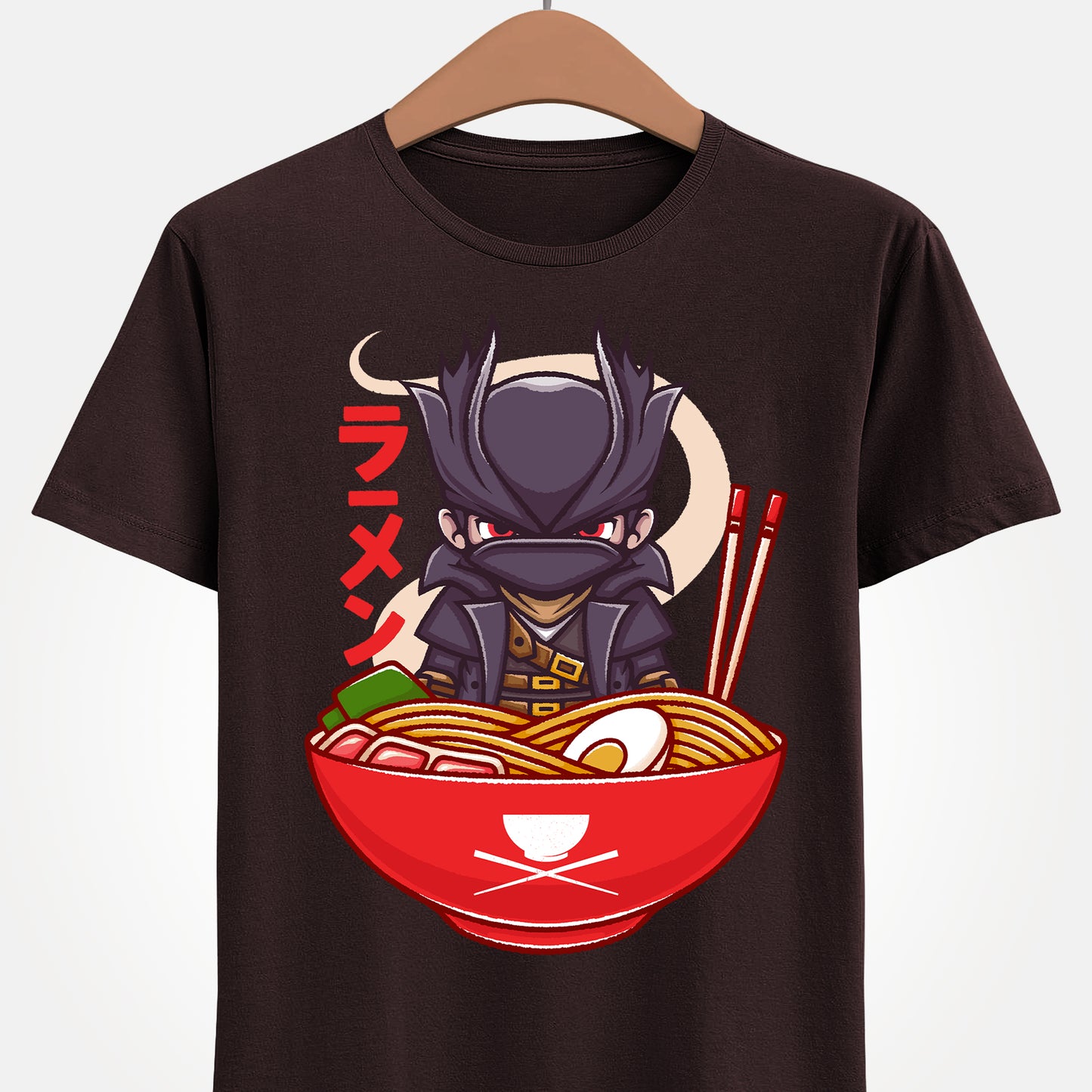 Bloodborne Hunter ramen t-shirt inspired by the gothic action RPG video game Bloodborne. Featuring the iconic Hunter inside a ramen bowl in a dark fantasy art style, this unisex gamer shirt blends Victorian horror aesthetics with playful Japanese food design. Perfect Soulsborne merch for fans of challenging action RPGs, gothic atmospheres, and cult classic PlayStation titles. Gamer shirt inspired by The Hunter main character of Bloodborne video game in a ramen bowl in kawaii art style.