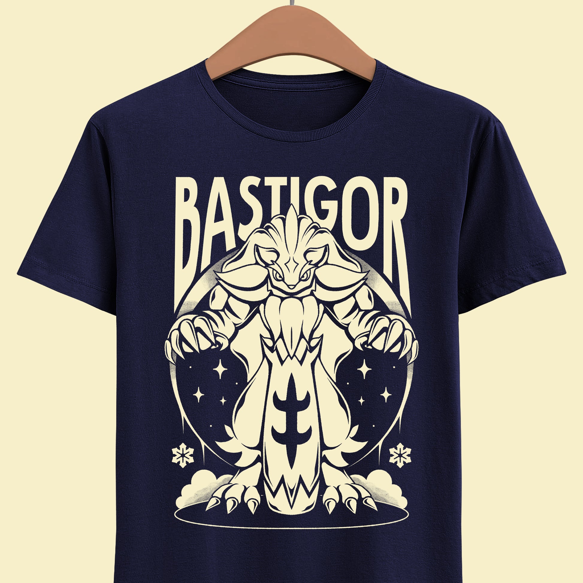 Palworld Bastigor King of Frostfang t-shirt featuring the massive Ice Pal with his frozen hammer and powerful Feybreak battle design.