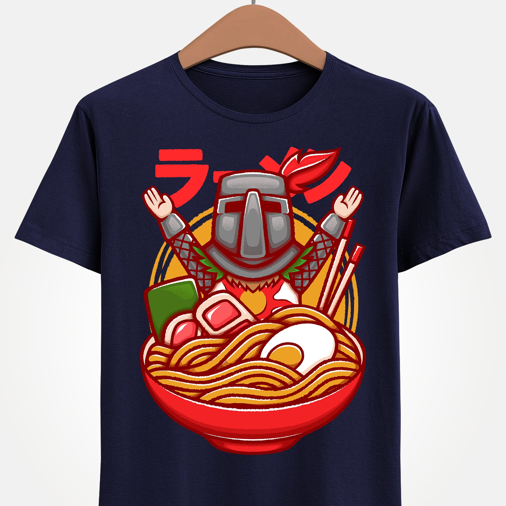 Solaire of Astora ramen t-shirt inspired by Dark Souls, featuring the iconic knight inside a stylized ramen bowl in a fun fantasy art style. This unisex gamer shirt blends action RPG energy with cozy Japanese ramen aesthetics. Perfect for fans of Dark Souls, Dark Souls II, Dark Souls III, Bloodborne, and Elden Ring. Ideal soulslike merch for collectors, FromSoftware fans, and gamers who love unique fantasy designs.
