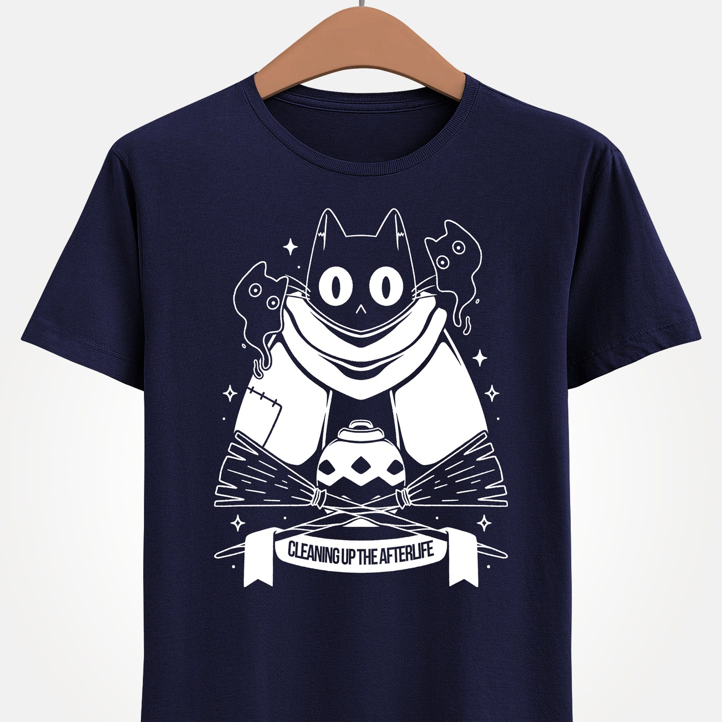 Crypt Custodian Cleaning Up the Afterlife t-shirt inspired by the indie metroidvania game starring Pluto, the mischievous ghost cat sentenced to clean the afterworld forever. This unisex gamer shirt captures the spooky cute charm and dark fantasy atmosphere of the game, blending cozy aesthetics with supernatural adventure. Perfect indie game merch for metroidvania fans, collectors, and gamers who love unique character-driven titles.