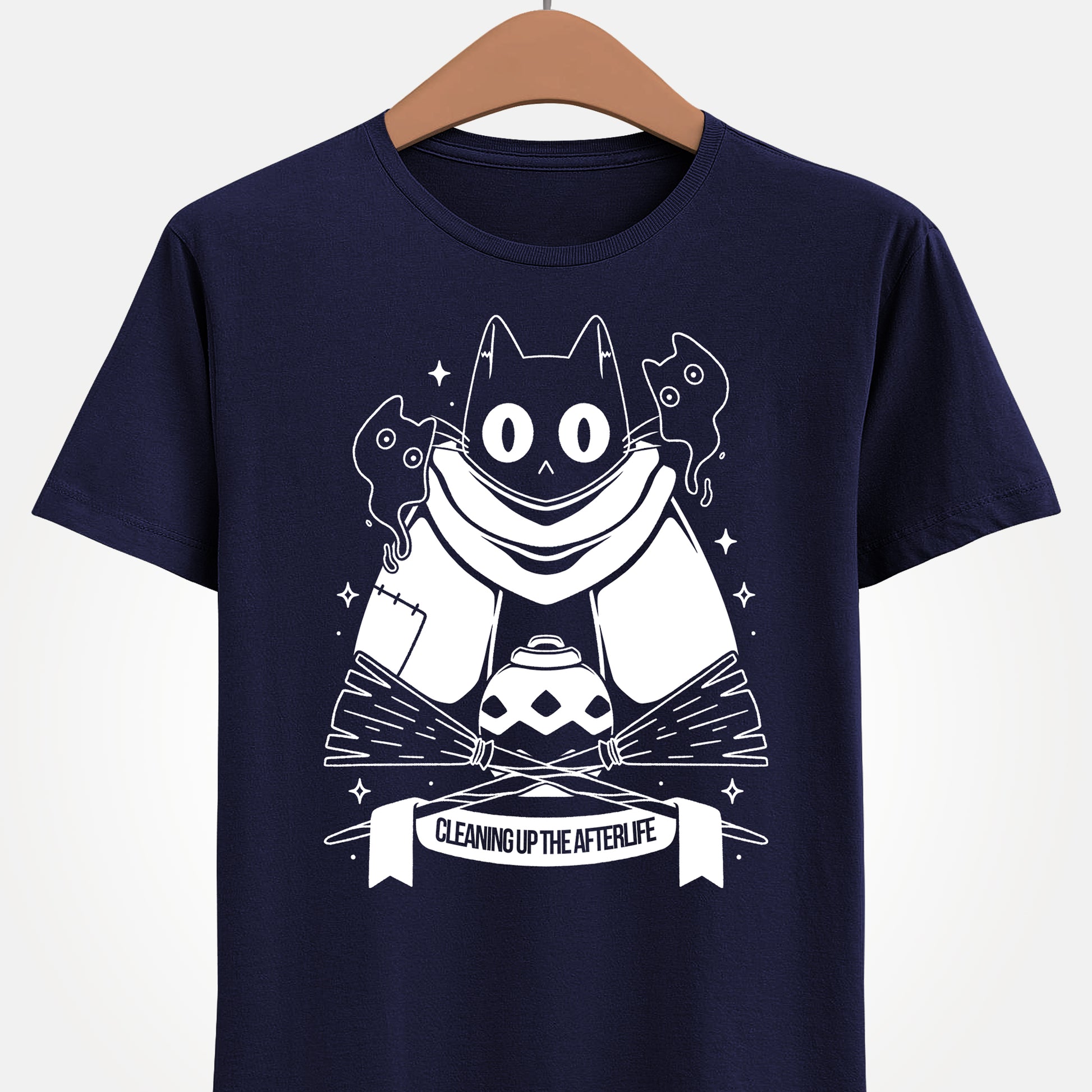 Crypt Custodian Cleaning Up the Afterlife t-shirt inspired by the indie metroidvania game starring Pluto, the mischievous ghost cat sentenced to clean the afterworld forever. This unisex gamer shirt captures the spooky cute charm and dark fantasy atmosphere of the game, blending cozy aesthetics with supernatural adventure. Perfect indie game merch for metroidvania fans, collectors, and gamers who love unique character-driven titles.