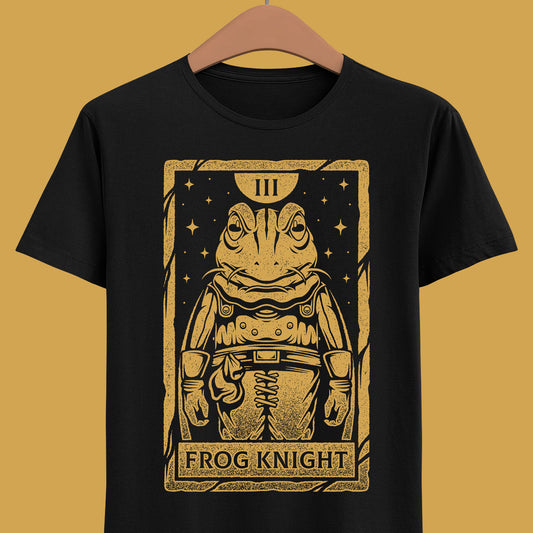 Glenn Frog Chrono Trigger tarot t-shirt inspired by the classic JRPG Chrono Trigger, originally released on SNES and PlayStation. Retro gaming apparel featuring a vintage tarot card illustration of Frog in a one-ink monochrome style. Nostalgic retrogaming design ideal for fans of Chrono Trigger merch, JRPG t-shirts, RPG video games, medieval fantasy characters, and classic SNES and PS1 gaming culture. Perfect collector shirt for retro RPG and vintage art lovers. Glenn frog chrono trigger t-shirt