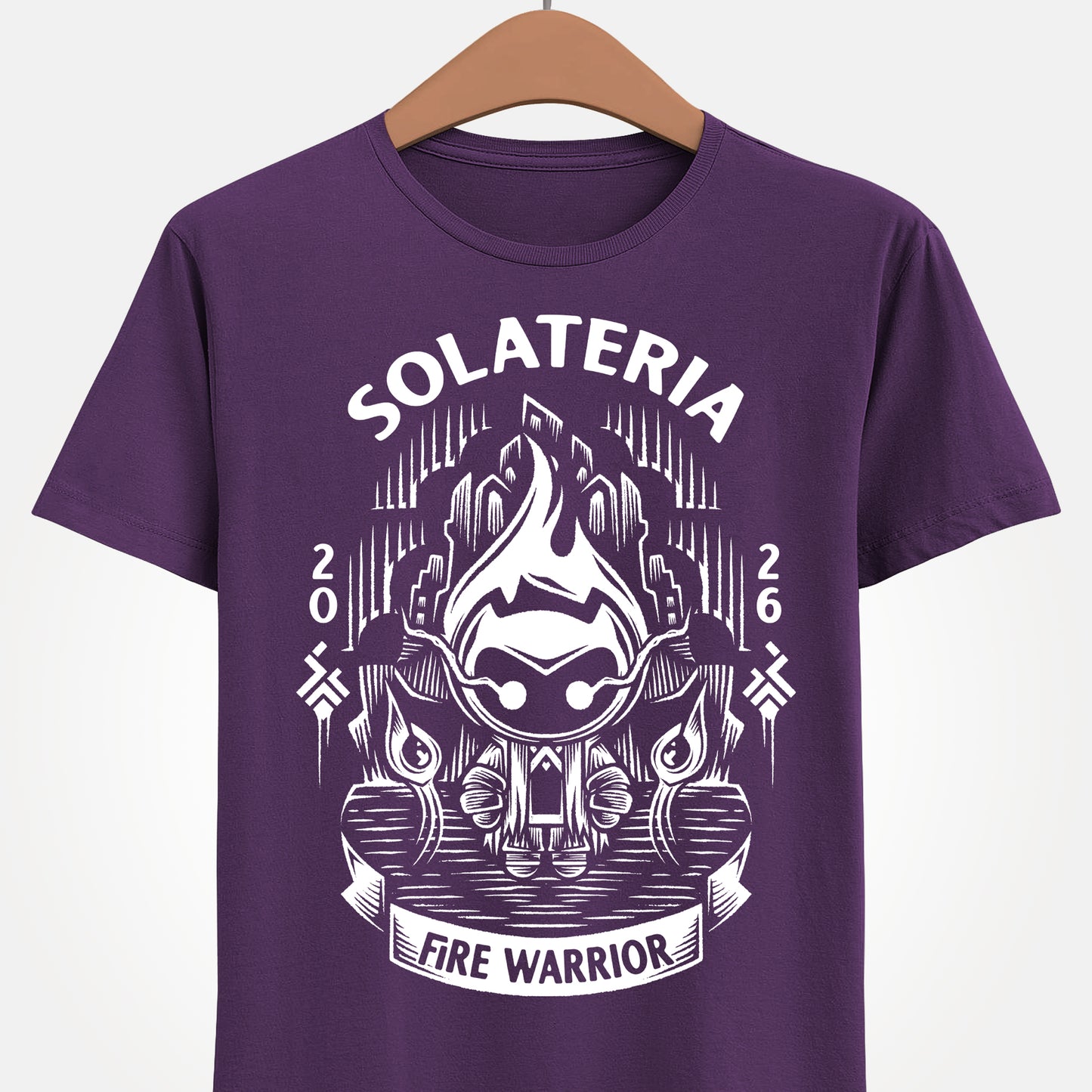 Solateria Fire Warrior t-shirt featuring the protagonist of the indie metroidvania game in a dark fantasy action platformer design.