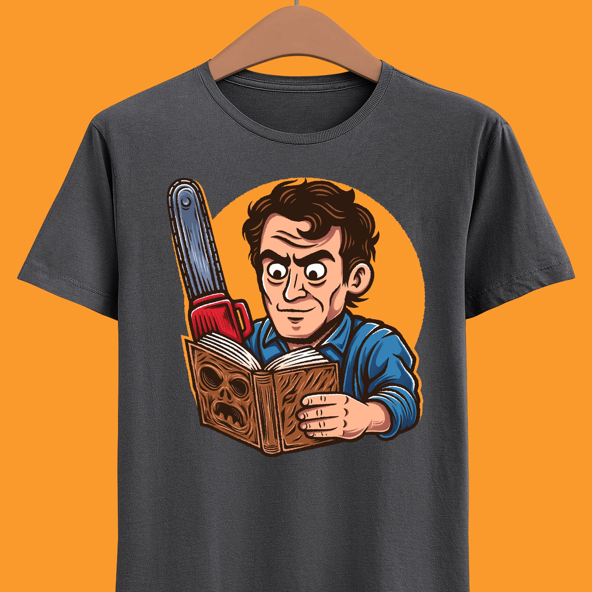 Groovy! A funny Evil Dead T-shirt featuring Ash Williams reading the Necronomicon wrong. Perfect for 90s horror comedy fans. Every single little tiny syllable matters reading Necronomicon Ex-Mortis. Klaatu Verata Nikto!

ash williams funny t-shirt, evil dead ash williams t-shirt, evil dead army of darkness ash williams t-shirt, ash vs evil dead t-shirt, evil dead army of darkness ash necronomicon t-shirt, necronomicon ex-mortix funny shirt, 90s horror movies t-shirt, 90s horror comedy movie tee