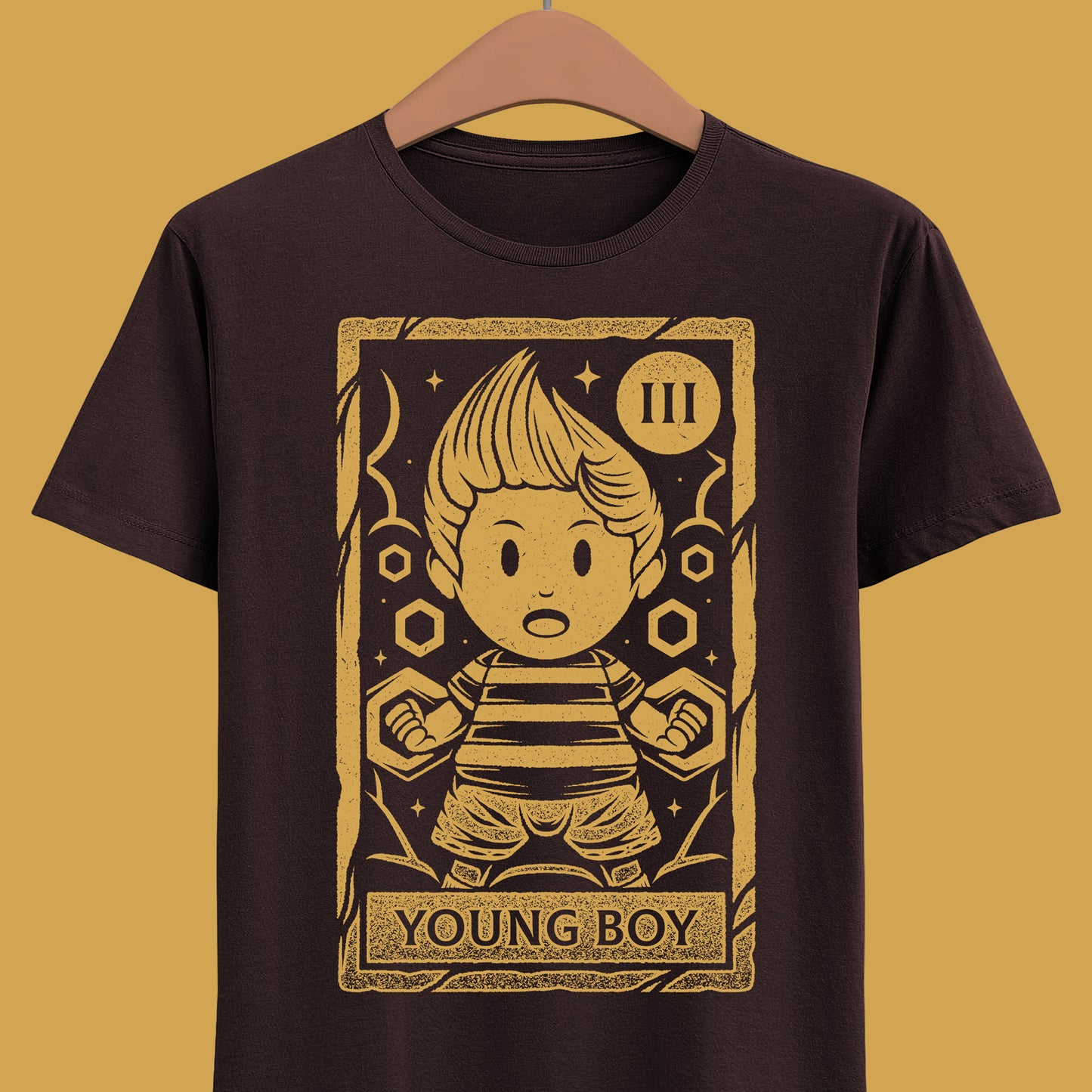 Lucas Mother 3 t-shirt featuring a vintage tarot card illustration inspired by the emotional JRPG Mother 3. Retro gaming apparel with a one-ink monochrome design depicting Lucas, the main protagonist of the cult classic RPG. Nostalgic gamer merch ideal for fans of Mother 3 t-shirts, RPG and JRPG video games, tarot card art, and story-driven retro games. Perfect collector tee for retrogaming fans and lovers of symbolic fantasy illustration. mother 3 lucas t-shirt, mother 3 lucas merch.