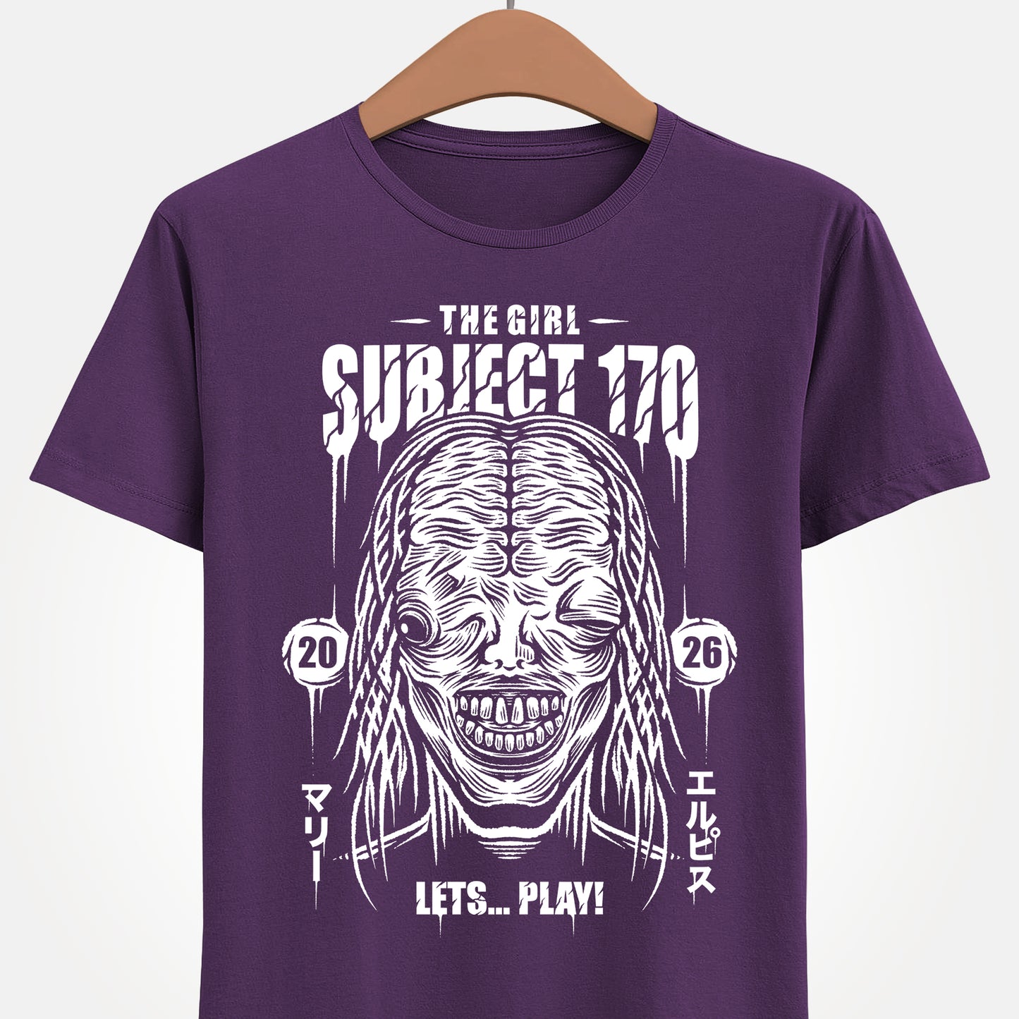 Resident Evil Requiem t-shirt inspired by the survival horror video game also known as Resident Evil 9 or RE9. Featuring the terrifying boss The Girl, also known as Marie or Subject 170, this design captures the dark atmosphere and psychological horror style of the Resident Evil series. Perfect survival horror gamer merch for fans of Resident Evil, survival horror video games. Marie who stalks protagonist Grace Ashcroft is a clone created by Dr. Victor Gideon for Project Elpis born at ARK.