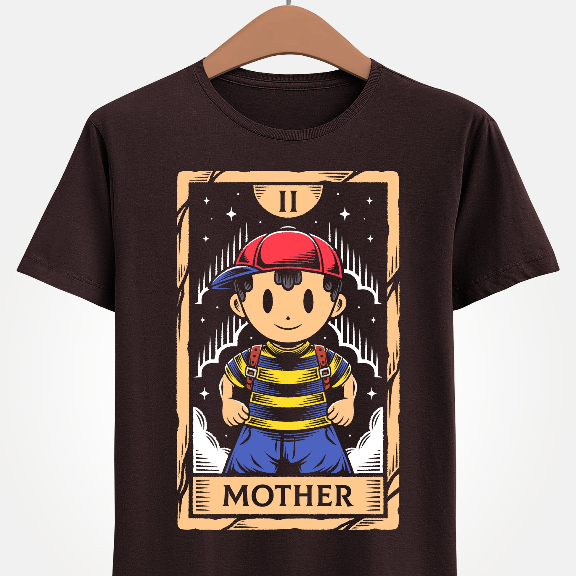 Discover this Ness tarot card t-shirt inspired by EarthBound (Mother 2) video game. A retro RPG design featuring the iconic PSI powered hero in a mystical tarot card illustration. This shirt is perfect retrogamers who love Earthbound game.