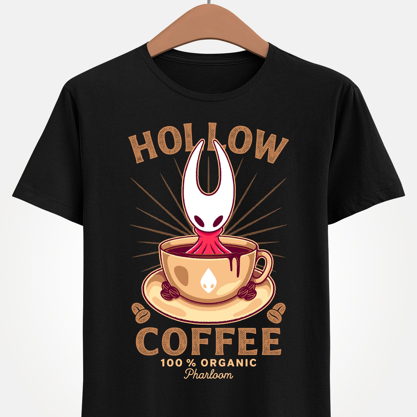 Cute T-shirt featuring Hornet from Hollow Knight Silksong sitting inside a warm coffee mug in a kawaii art style. This cozy design blends indie game aesthetics with coffee-lover vibes, perfect for fans of Hornet, Silksong, and Hollow Knight. The illustration uses soft colors and adorable details to appeal to cute-art lovers, cozy gamers, and collectors looking for unique fan-made merch. Ideal for everyday wear and gamer-themed outfits. hollow knight silksong merch, hollow knight coffee t-shirt