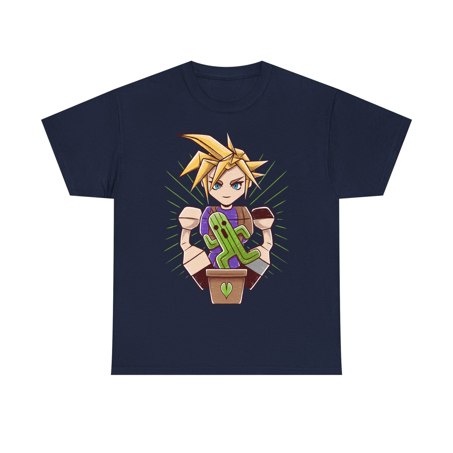 Final Fantasy VII t-shirt featuring Cloud Strife caring for a garden of Cactuars inspired by the legendary 10,000 Needles attack.