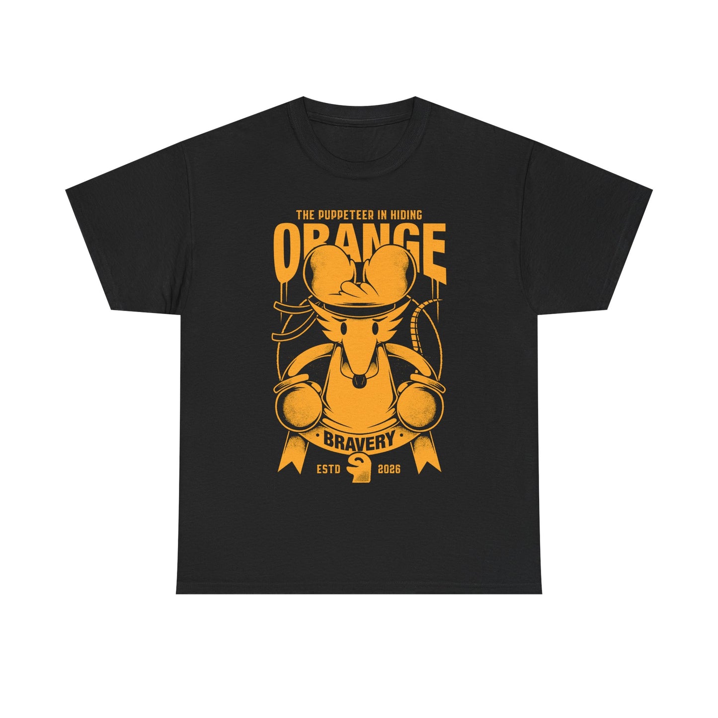 Orange Flower t-shirt inspired by Deltarune Chapter 5 featuring the Bravery SOUL flower with hidden puppeteer references in a vintage emblem style.