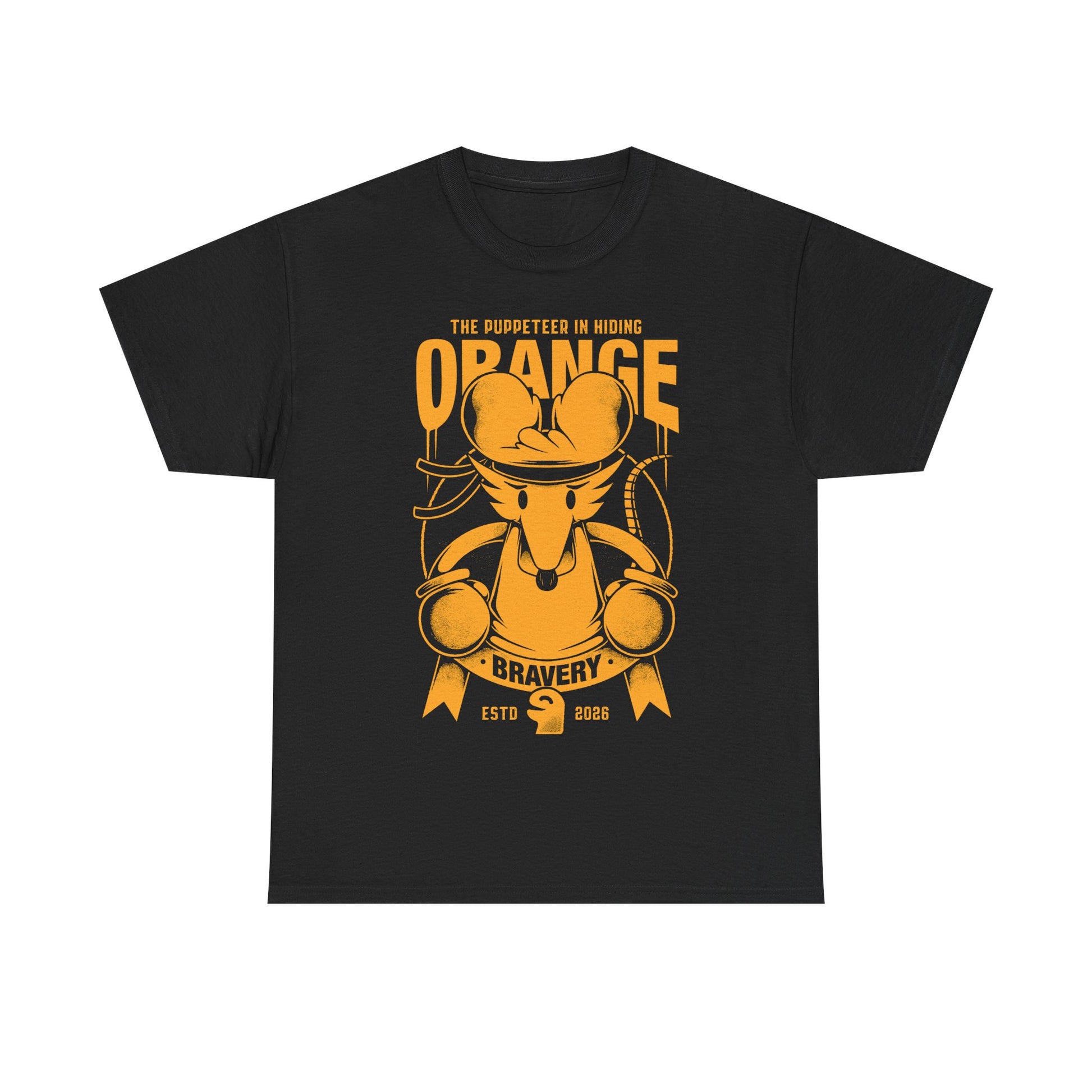 Orange Flower t-shirt inspired by Deltarune Chapter 5 featuring the Bravery SOUL flower with hidden puppeteer references in a vintage emblem style.