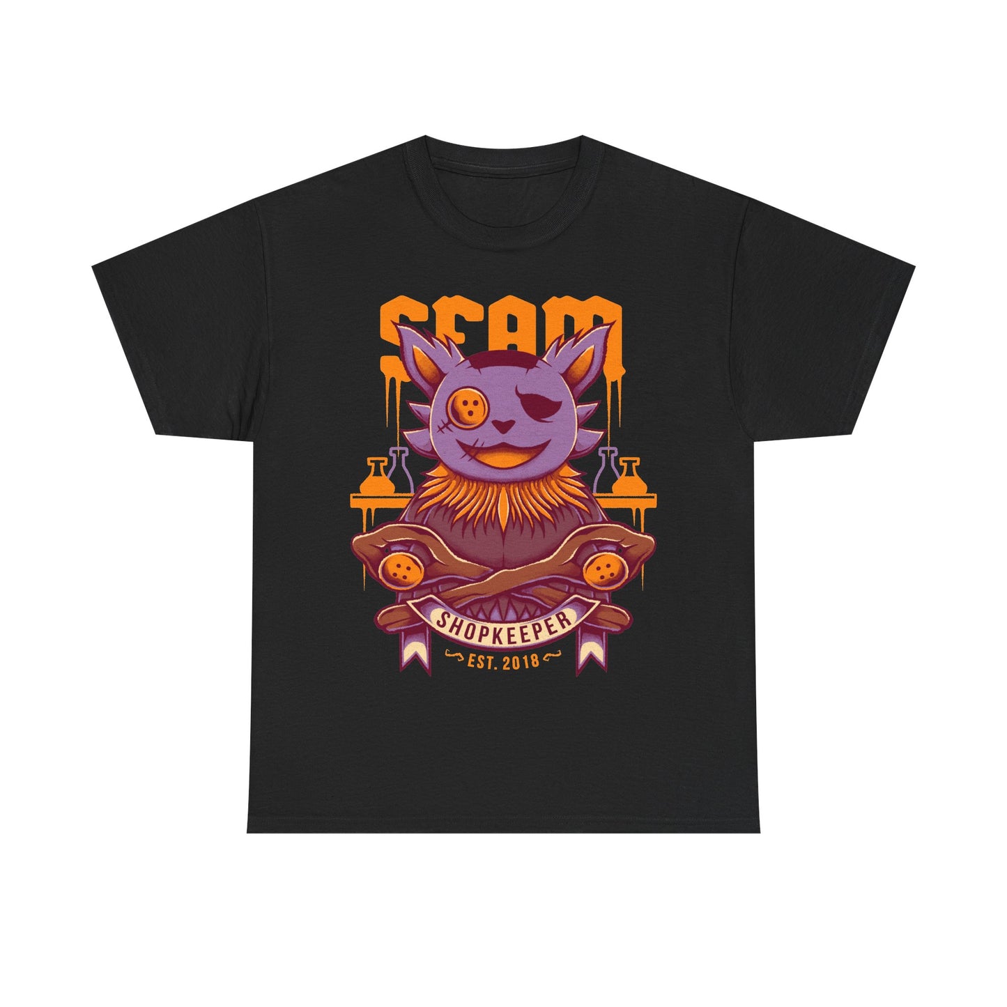 Deltarune Seam Shopkeeper Darkner t-shirt featuring the mysterious purple plush character and former Court Magician from Card Kingdom.