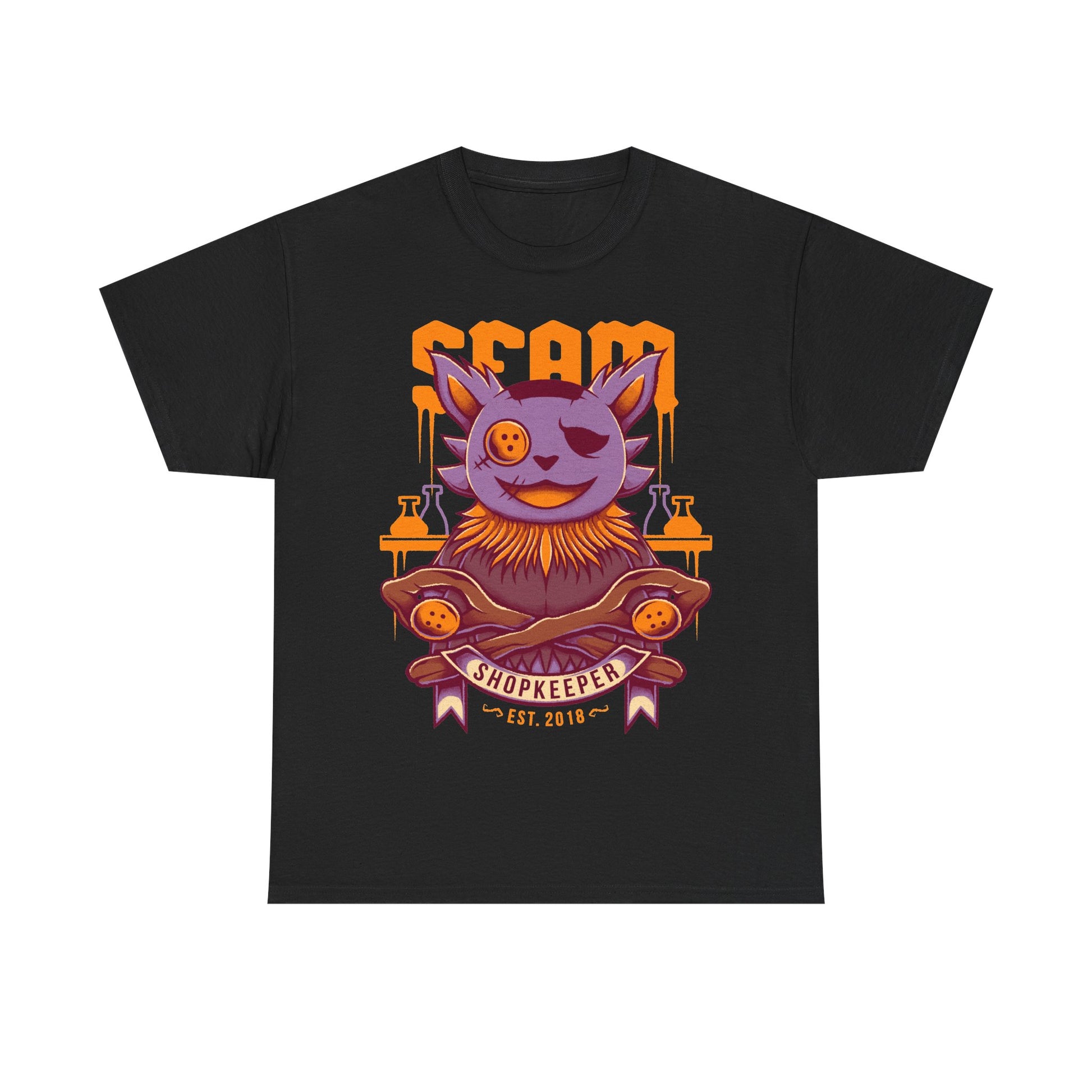 Deltarune Seam Shopkeeper Darkner t-shirt featuring the mysterious purple plush character and former Court Magician from Card Kingdom.