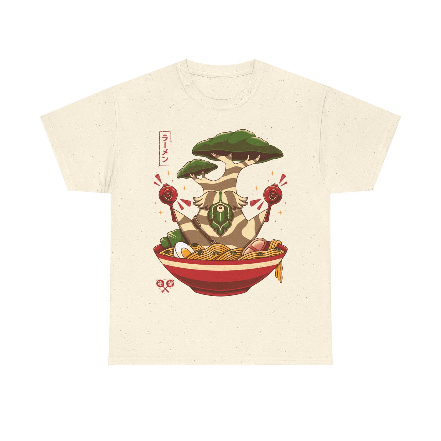 Hestu Korok t-shirt from The Legend of Zelda Breath of the Wild featuring Hestu doing the Shalaka Dance inside a ramen noodle bowl in cute gamer style.