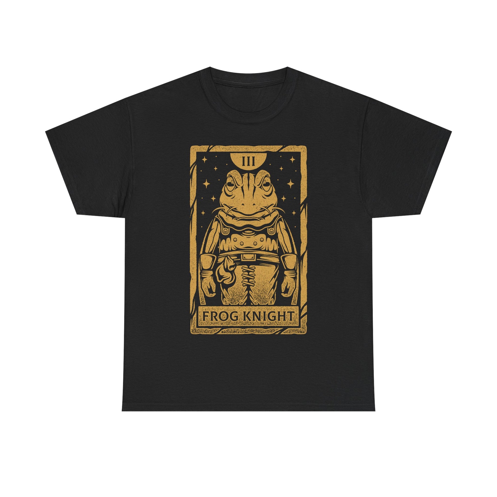 Glenn Frog Chrono Trigger tarot t-shirt inspired by the classic JRPG Chrono Trigger, originally released on SNES and PlayStation. Retro gaming apparel featuring a vintage tarot card illustration of Frog in a one-ink monochrome style. Nostalgic retrogaming design ideal for fans of Chrono Trigger merch, JRPG t-shirts, RPG video games, medieval fantasy characters, and classic SNES and PS1 gaming culture. Perfect collector shirt for retro RPG and vintage art lovers. Glenn frog chrono trigger t-shirt