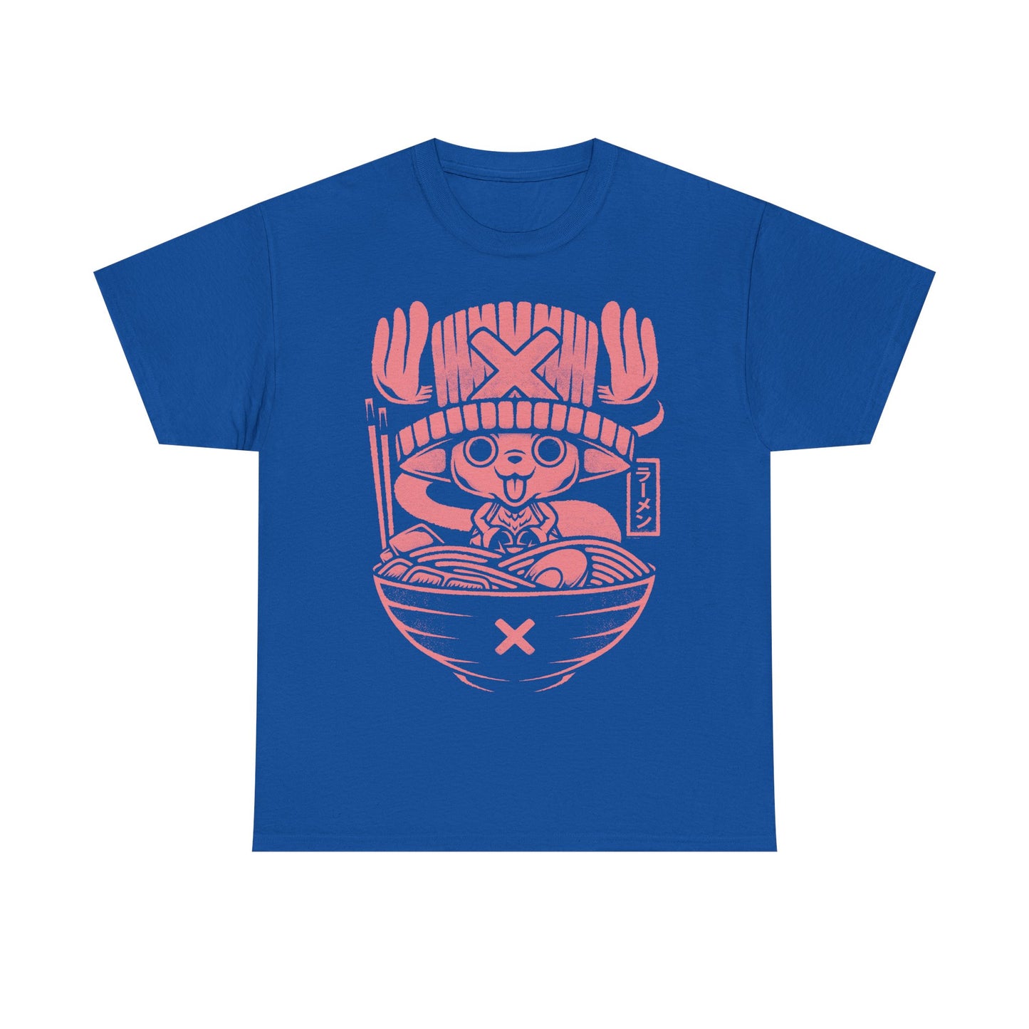 Tony Tony Chopper One Piece ramen t-shirt featuring the Straw Hat pirate doctor inside a Japanese noodle bowl in kawaii foodie anime style.