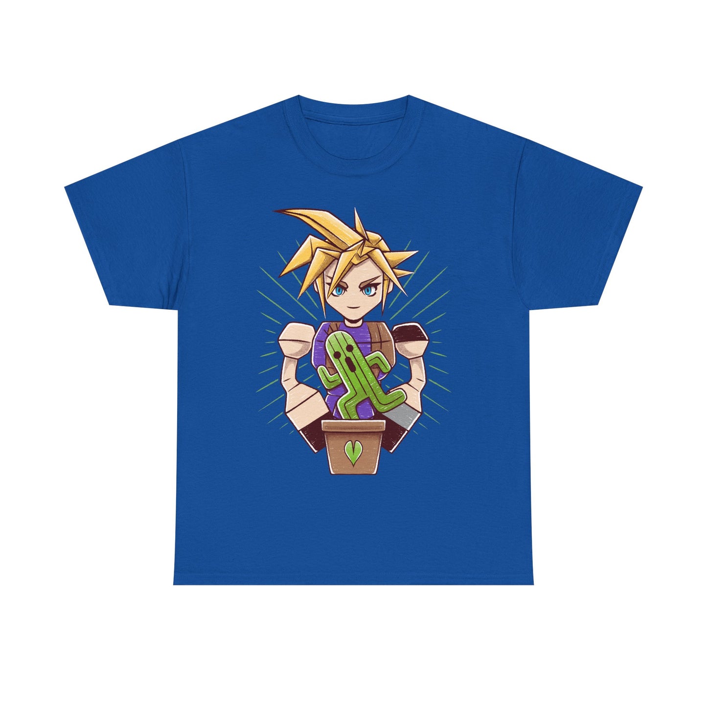 Final Fantasy VII t-shirt featuring Cloud Strife caring for a garden of Cactuars inspired by the legendary 10,000 Needles attack.