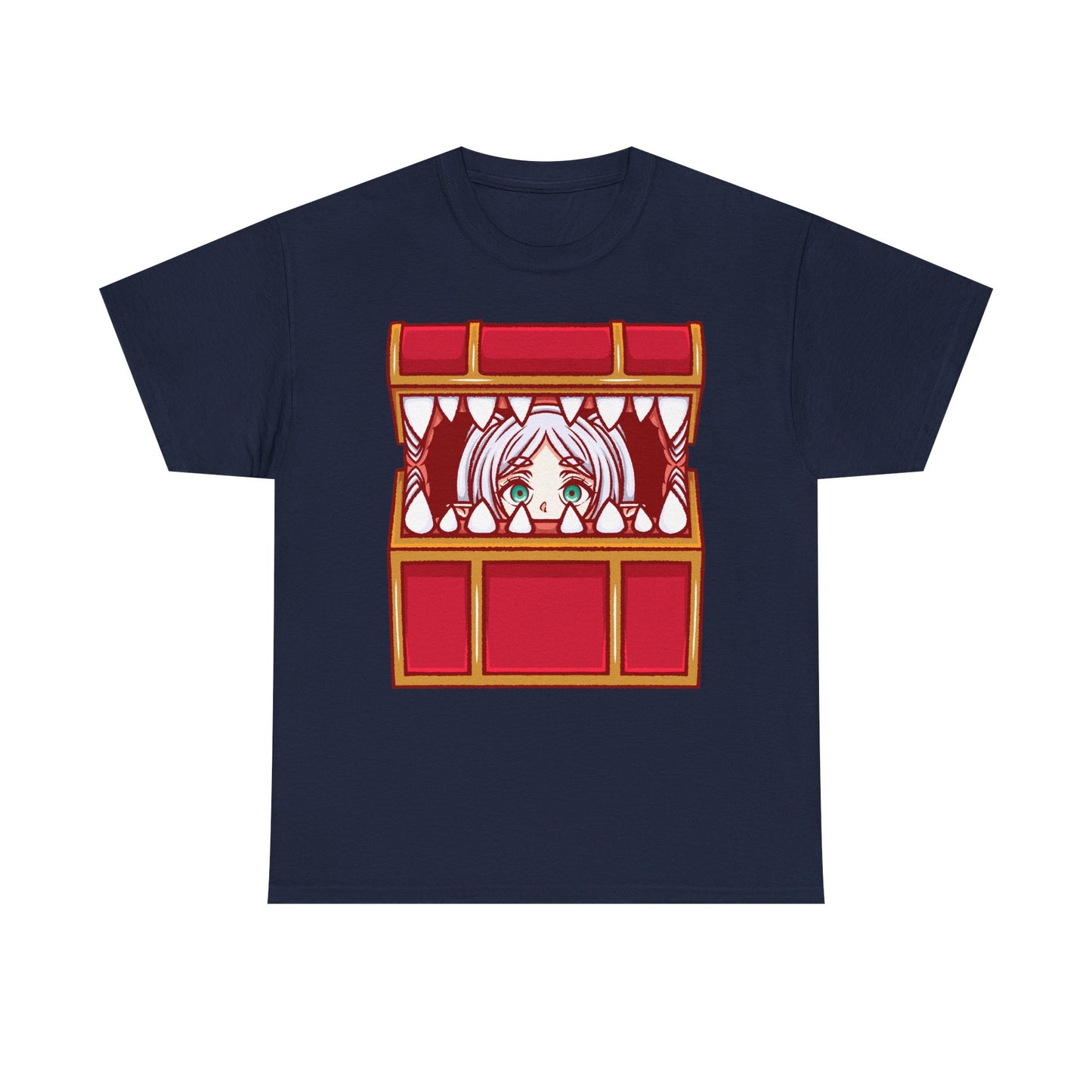 Frieren Mimic t-shirt inspired by Sōsō no Frieren: Beyond Journey’s End, featuring the elf mage protagonist being playfully eaten by a treasure chest mimic in a cute kawaii art style. This unisex anime shirt captures the viral meme loved by fans across the internet. Perfect fantasy anime merch for collectors, otaku enthusiasts, and fans of Frieren who enjoy funny dungeon moments and RPG-inspired designs.