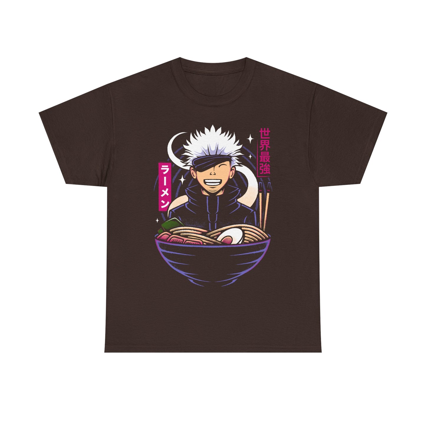 Satoru Gojo Jujutsu Kaisen ramen t-shirt featuring the strongest sorcerer inside a Japanese noodle bowl in anime foodie streetwear style.