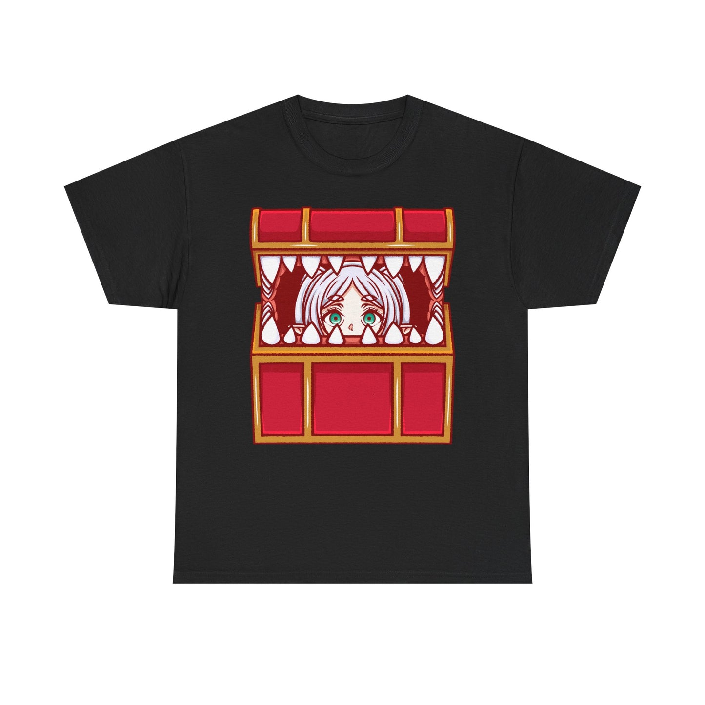Frieren Mimic t-shirt inspired by Sōsō no Frieren: Beyond Journey’s End, featuring the elf mage protagonist being playfully eaten by a treasure chest mimic in a cute kawaii art style. This unisex anime shirt captures the viral meme loved by fans across the internet. Perfect fantasy anime merch for collectors, otaku enthusiasts, and fans of Frieren who enjoy funny dungeon moments and RPG-inspired designs.