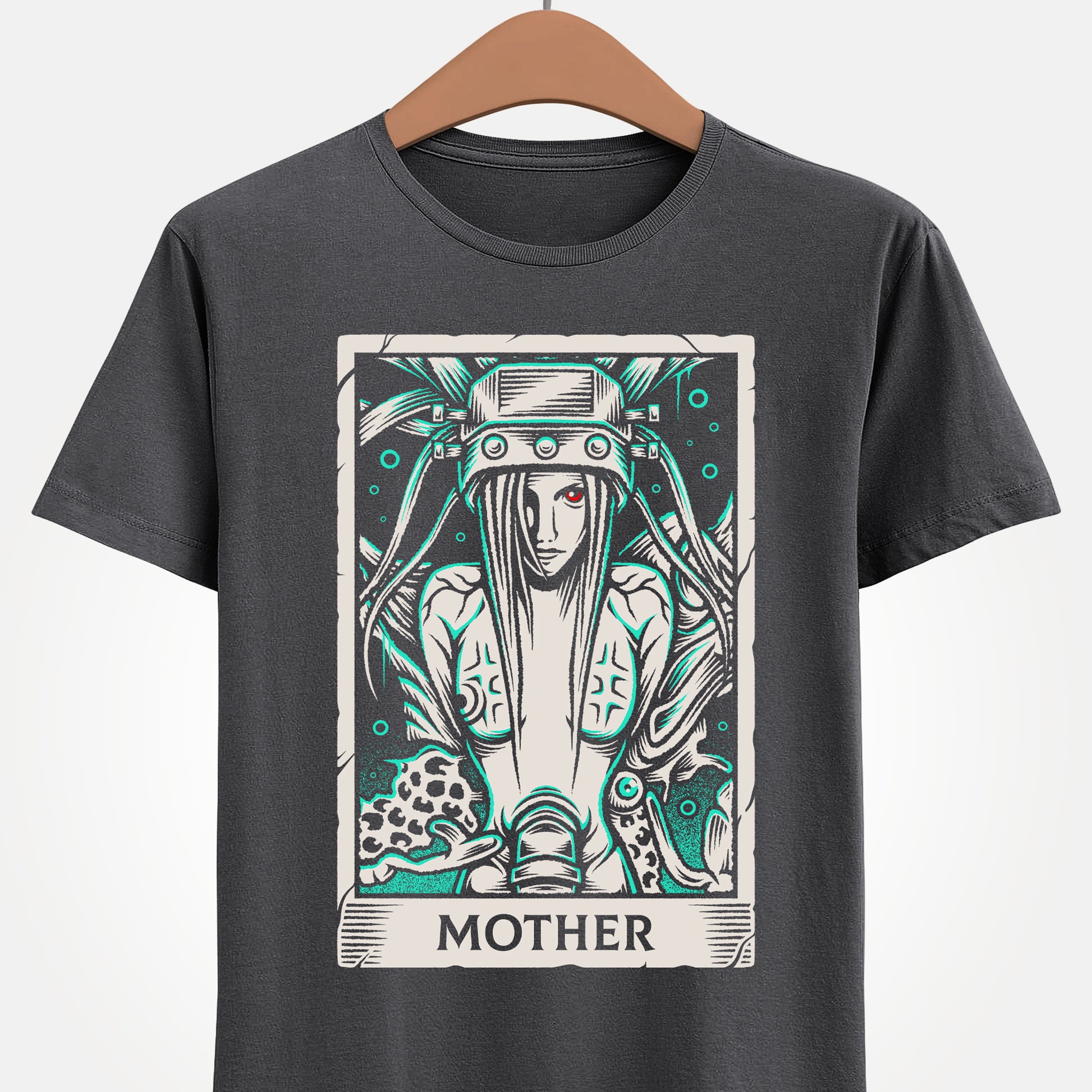 Jenova Final Fantasy VII tarot card shirt featuring the iconic FF7 villain in a dark fantasy gothic tarot illustration inspired by FFVII RPG video game. This t-shirt is perfect for true fans of Jenova, Sephiroth and Cloud Strife.