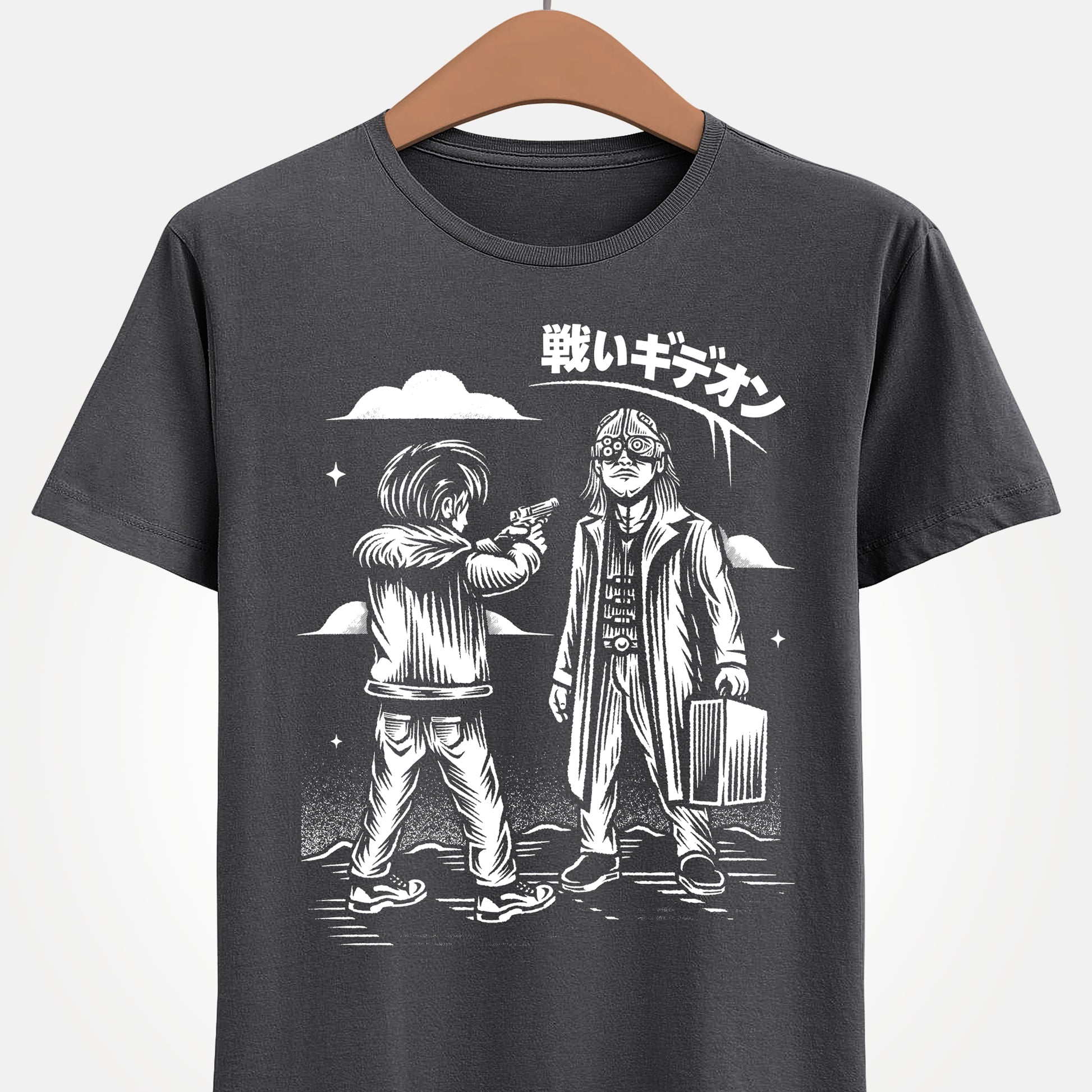Resident Evil Requiem t-shirt featuring Leon S. Kennedy confronting Victor Gideon. Inspired by Resident Evil 9 (RE9), this survival horror design captures the intense atmosphere of the iconic horror game series. Perfect gamer merch for fans of Resident Evil, horror video games, and dark action-packed designs.