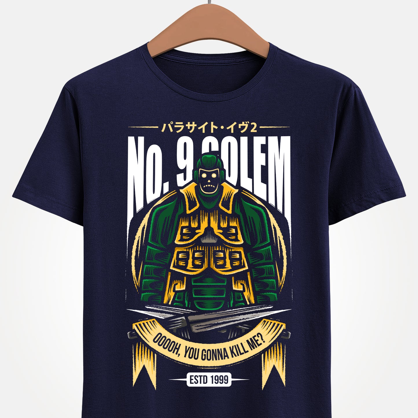 Parasite Eve II t-shirt featuring No.9 Golem boss enemy from the survival horror action RPG, inspired by classic PS1 video game design.