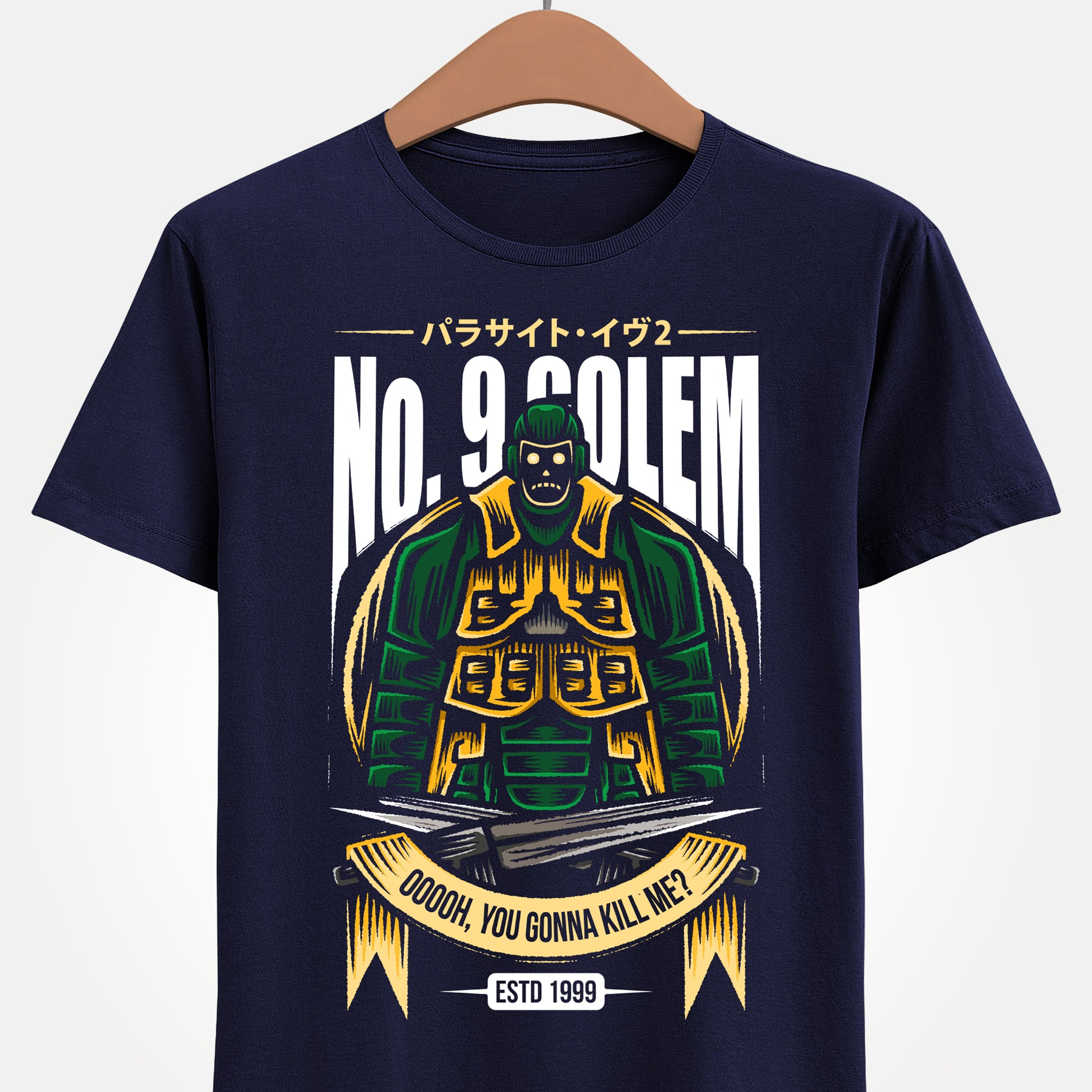 Parasite Eve II t-shirt featuring No.9 Golem boss enemy from the survival horror action RPG, inspired by classic PS1 video game design.