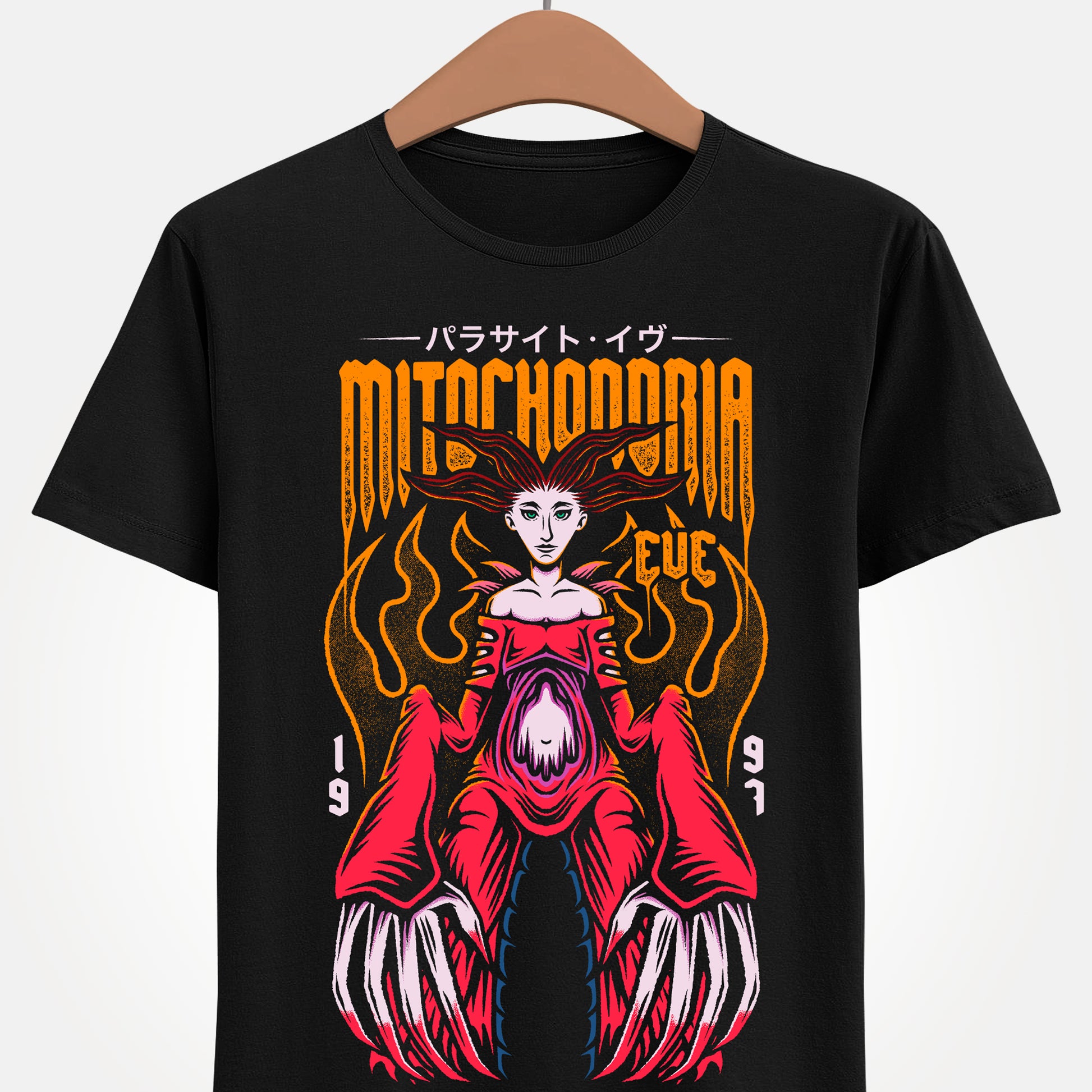 Parasite Eve t-shirt featuring Mitochondria Eve and Aya Brea inspired design from the PS1 survival horror RPG Parasite Eve and Parasite Eve II.