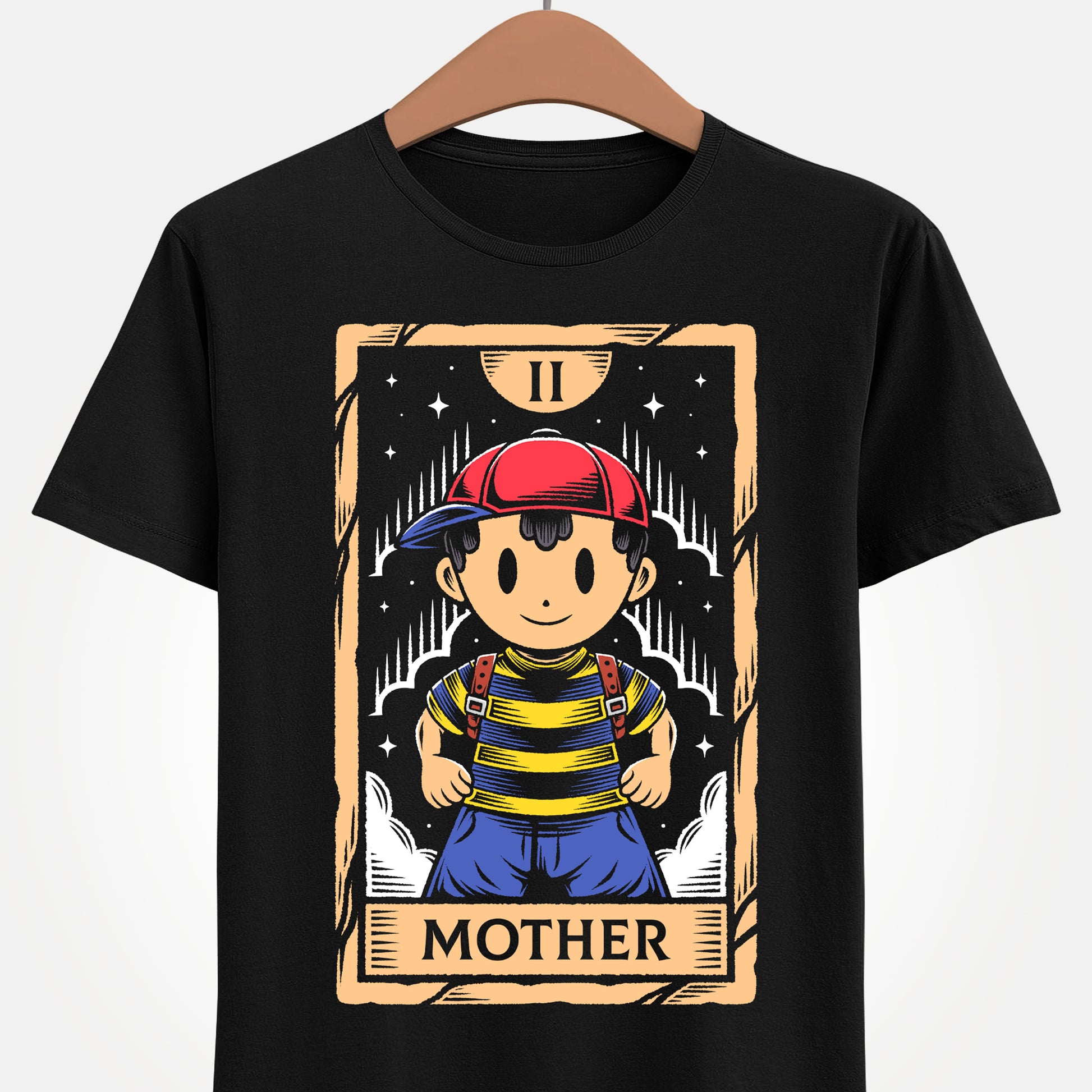 Discover this Ness tarot card t-shirt inspired by EarthBound (Mother 2) video game. A retro RPG design featuring the iconic PSI powered hero in a mystical tarot card illustration. This shirt is perfect retrogamers who love Earthbound game.