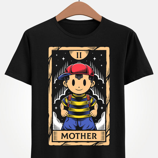 Discover this Ness tarot card t-shirt inspired by EarthBound (Mother 2) video game. A retro RPG design featuring the iconic PSI powered hero in a mystical tarot card illustration. This shirt is perfect retrogamers who love Earthbound game.