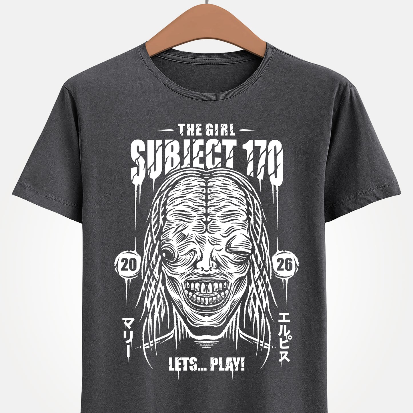 Resident Evil Requiem t-shirt inspired by the survival horror video game also known as Resident Evil 9 or RE9. Featuring the terrifying boss The Girl, also known as Marie or Subject 170, this design captures the dark atmosphere and psychological horror style of the Resident Evil series. Perfect survival horror gamer merch for fans of Resident Evil, survival horror video games. Marie who stalks protagonist Grace Ashcroft is a clone created by Dr. Victor Gideon for Project Elpis born at ARK.