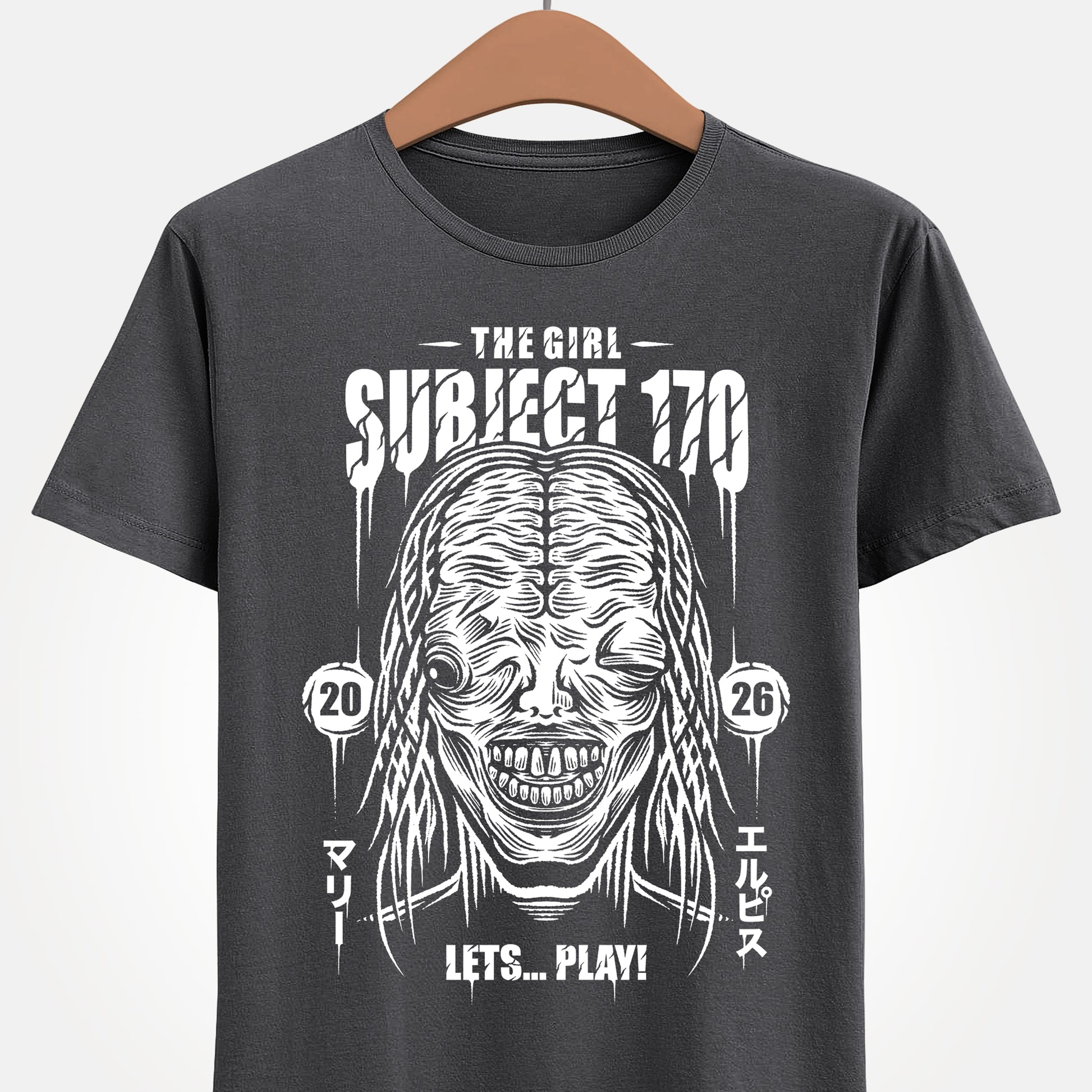 Resident Evil Requiem t-shirt inspired by the survival horror video game also known as Resident Evil 9 or RE9. Featuring the terrifying boss The Girl, also known as Marie or Subject 170, this design captures the dark atmosphere and psychological horror style of the Resident Evil series. Perfect survival horror gamer merch for fans of Resident Evil, survival horror video games. Marie who stalks protagonist Grace Ashcroft is a clone created by Dr. Victor Gideon for Project Elpis born at ARK.