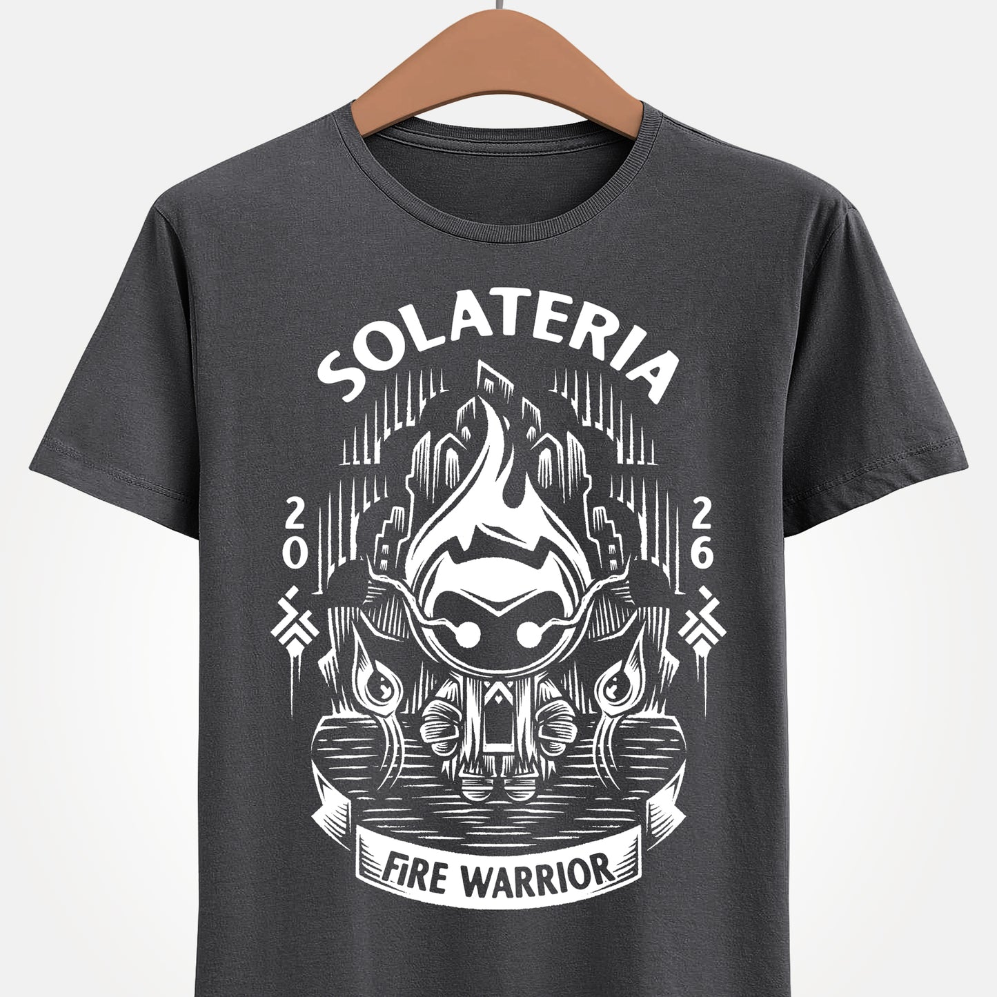 Solateria Fire Warrior t-shirt featuring the protagonist of the indie metroidvania game in a dark fantasy action platformer design.