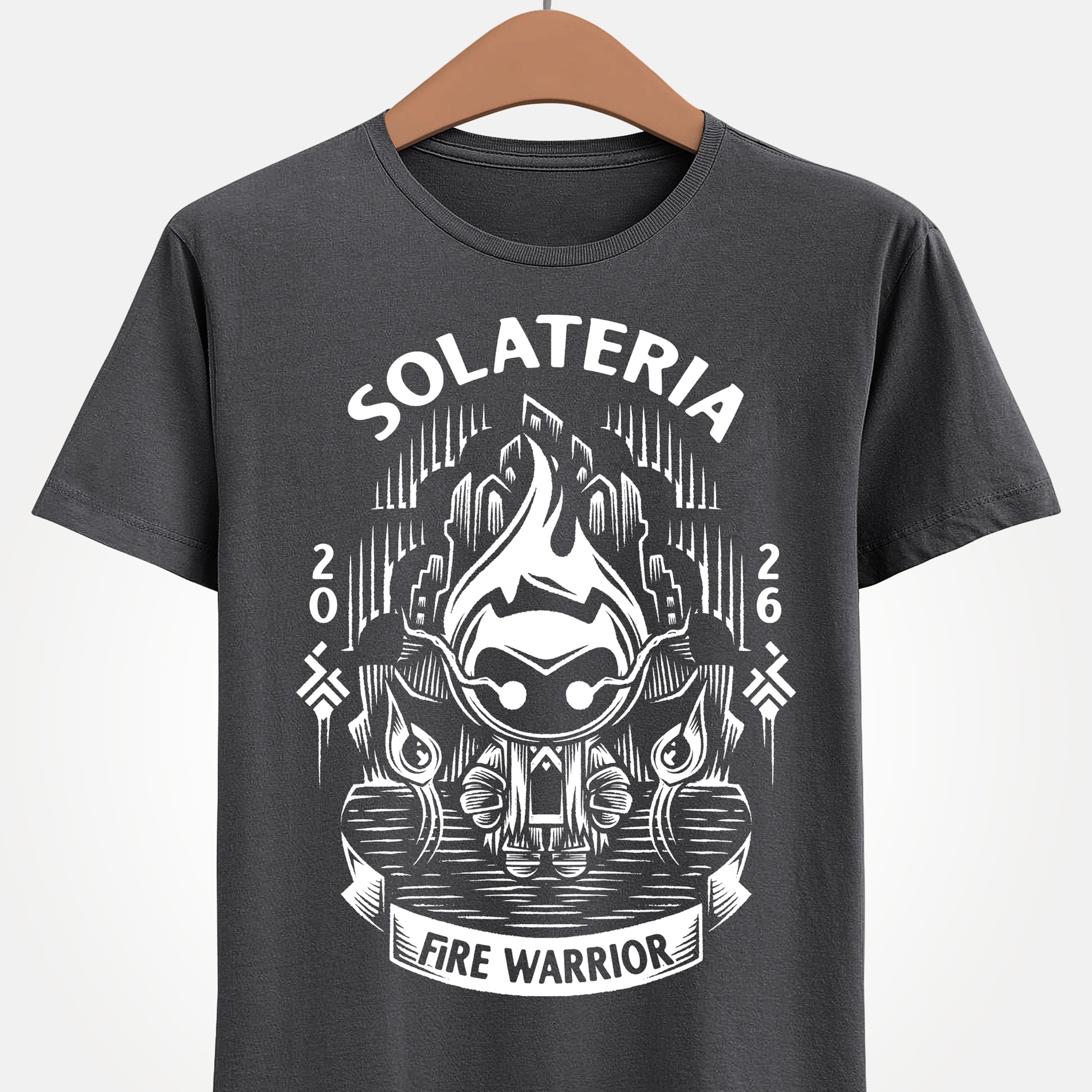 Solateria Fire Warrior t-shirt featuring the protagonist of the indie metroidvania game in a dark fantasy action platformer design.