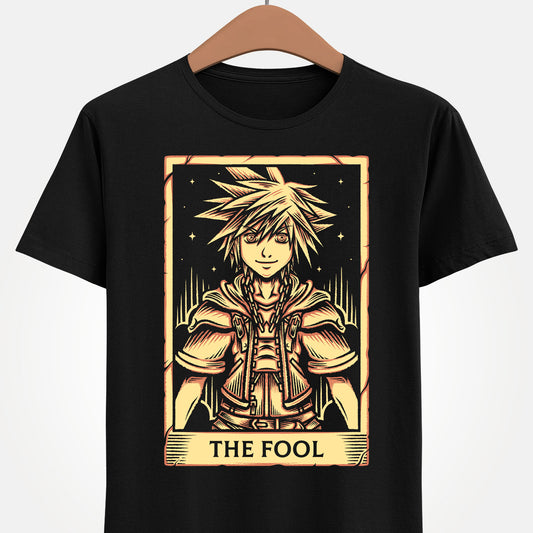 Sora from Kingdom Hearts t-shirt featuring the Keyblade wielder hero from the iconic fantasy RPG video game series in tarot card art style as the fool.