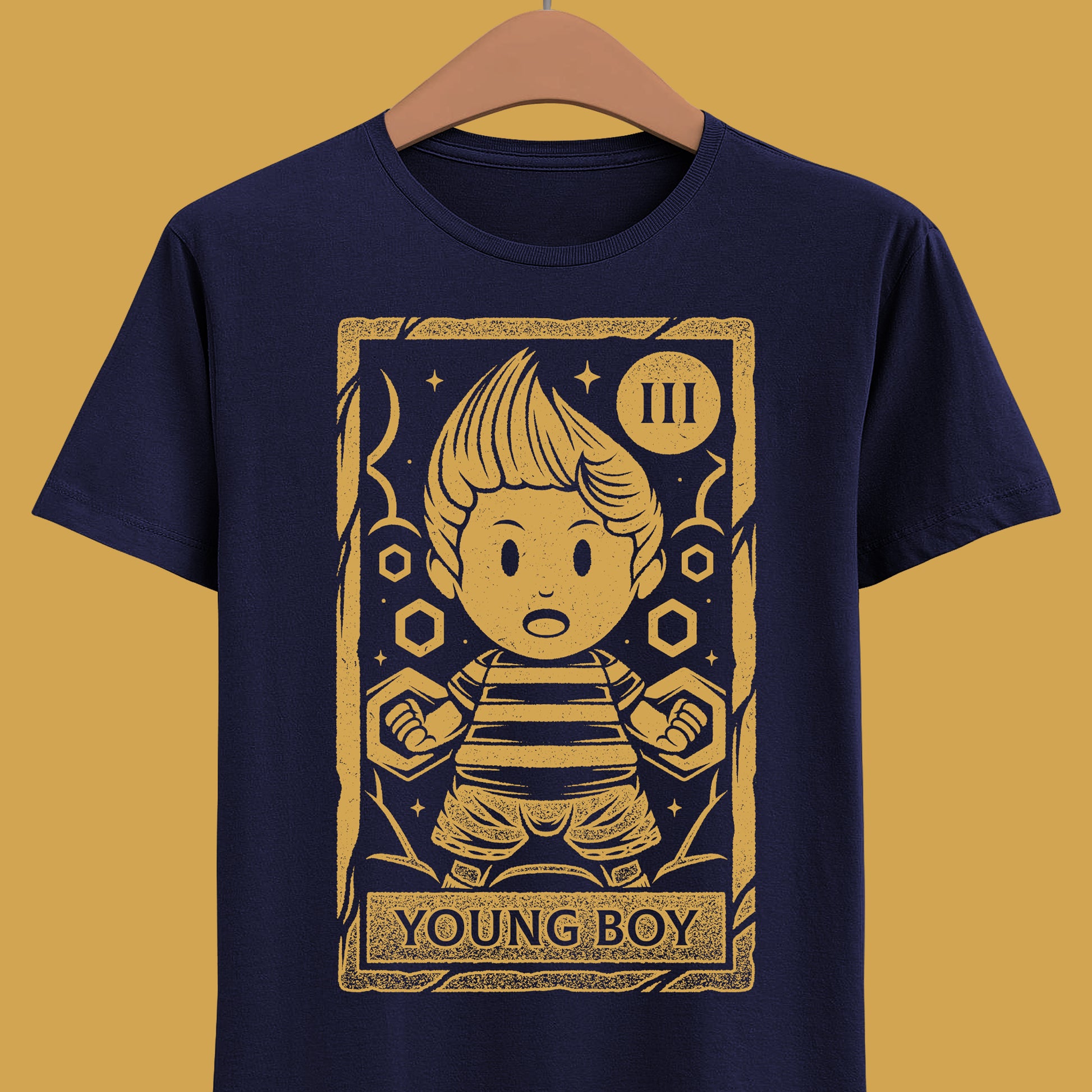 Lucas Mother 3 t-shirt featuring a vintage tarot card illustration inspired by the emotional JRPG Mother 3. Retro gaming apparel with a one-ink monochrome design depicting Lucas, the main protagonist of the cult classic RPG. Nostalgic gamer merch ideal for fans of Mother 3 t-shirts, RPG and JRPG video games, tarot card art, and story-driven retro games. Perfect collector tee for retrogaming fans and lovers of symbolic fantasy illustration. mother 3 lucas t-shirt, mother 3 lucas merch.