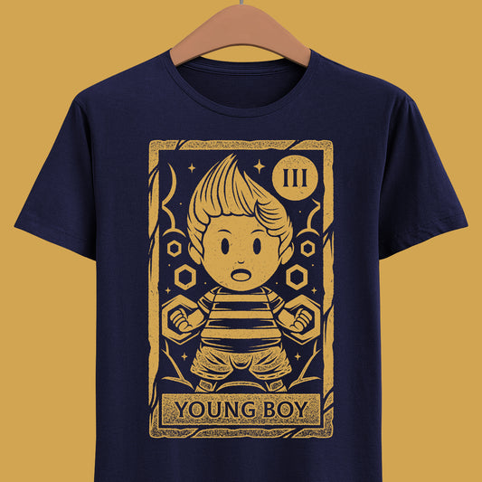 Lucas Mother 3 t-shirt featuring a vintage tarot card illustration inspired by the emotional JRPG Mother 3. Retro gaming apparel with a one-ink monochrome design depicting Lucas, the main protagonist of the cult classic RPG. Nostalgic gamer merch ideal for fans of Mother 3 t-shirts, RPG and JRPG video games, tarot card art, and story-driven retro games. Perfect collector tee for retrogaming fans and lovers of symbolic fantasy illustration. mother 3 lucas t-shirt, mother 3 lucas merch.