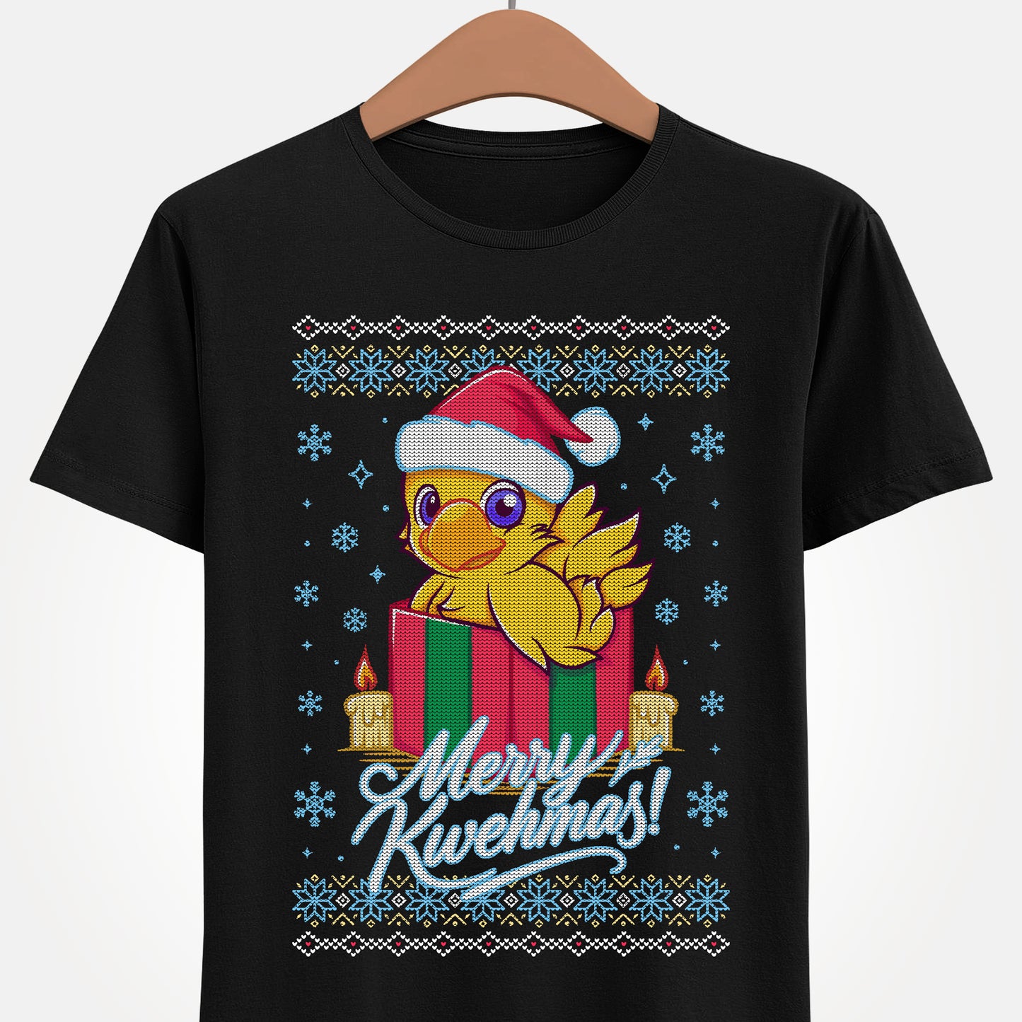 High-quality T-shirt featuring a cute Chocobo from the Final Fantasy series sitting inside a Christmas gift box and wearing a festive Santa hat. The design blends JRPG charm with adorable holiday aesthetics, making it perfect for fans of Chocobos, Christmas gaming apparel, and cute kawaii art. Ideal for gifting, collectors, and gamers who enjoy cozy festive clothing. Soft unisex tee suitable for daily wear during the holiday season. cute chocobo kawaii t-shirt, final fantasy christmas t-shirt