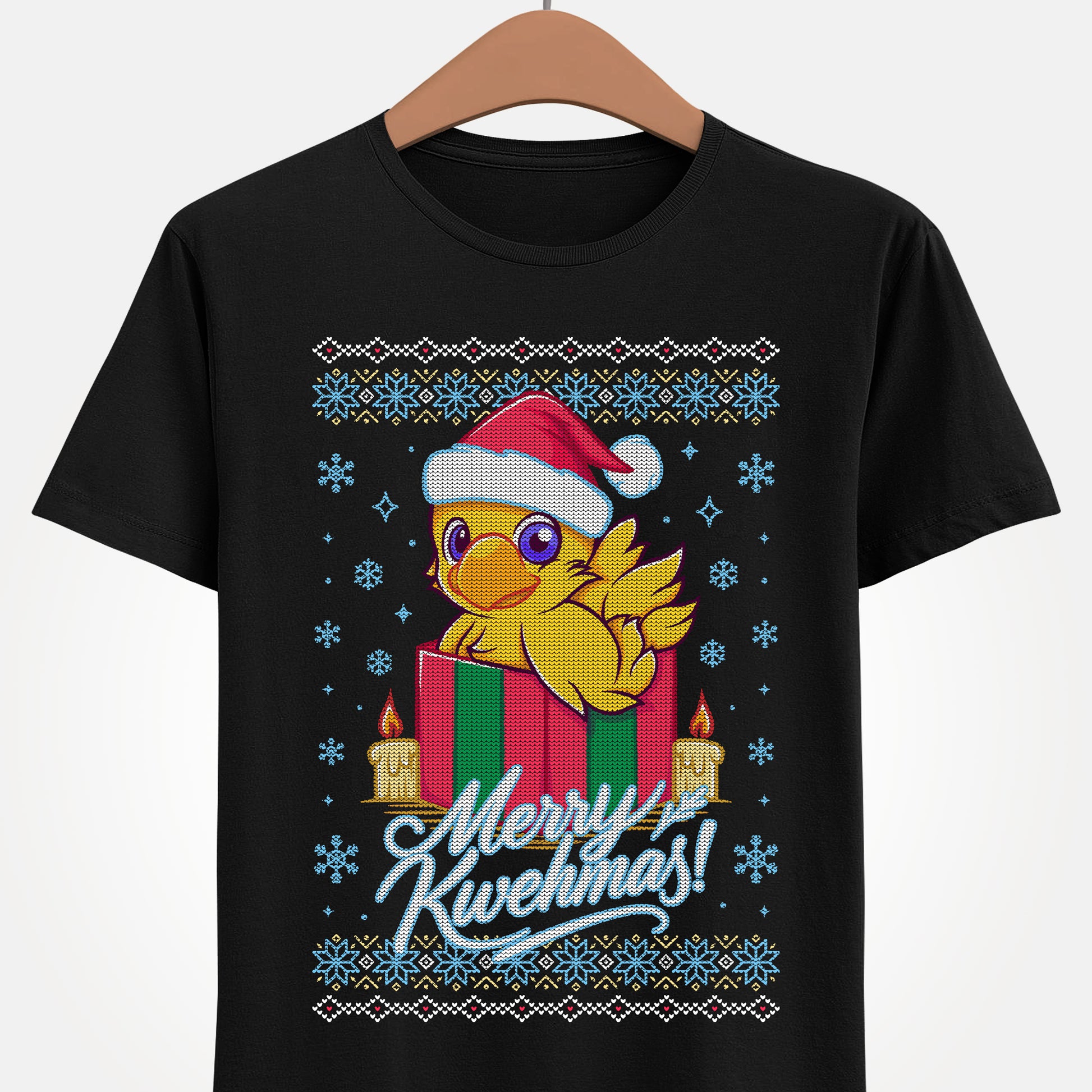 High-quality T-shirt featuring a cute Chocobo from the Final Fantasy series sitting inside a Christmas gift box and wearing a festive Santa hat. The design blends JRPG charm with adorable holiday aesthetics, making it perfect for fans of Chocobos, Christmas gaming apparel, and cute kawaii art. Ideal for gifting, collectors, and gamers who enjoy cozy festive clothing. Soft unisex tee suitable for daily wear during the holiday season. cute chocobo kawaii t-shirt, final fantasy christmas t-shirt