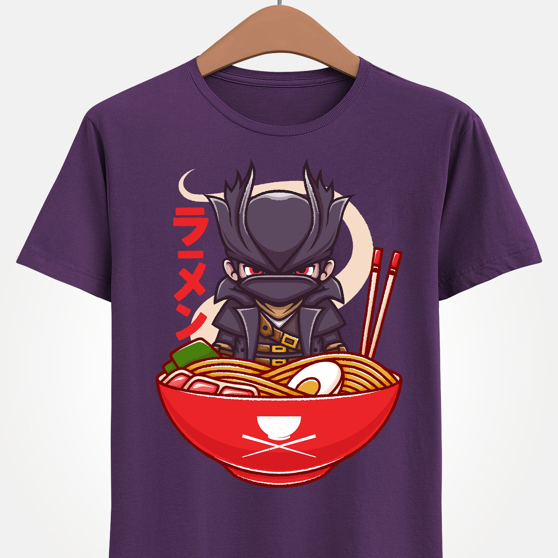 Bloodborne Hunter ramen t-shirt inspired by the gothic action RPG video game Bloodborne. Featuring the iconic Hunter inside a ramen bowl in a dark fantasy art style, this unisex gamer shirt blends Victorian horror aesthetics with playful Japanese food design. Perfect Soulsborne merch for fans of challenging action RPGs, gothic atmospheres, and cult classic PlayStation titles. Gamer shirt inspired by The Hunter main character of Bloodborne video game in a ramen bowl in kawaii art style.
