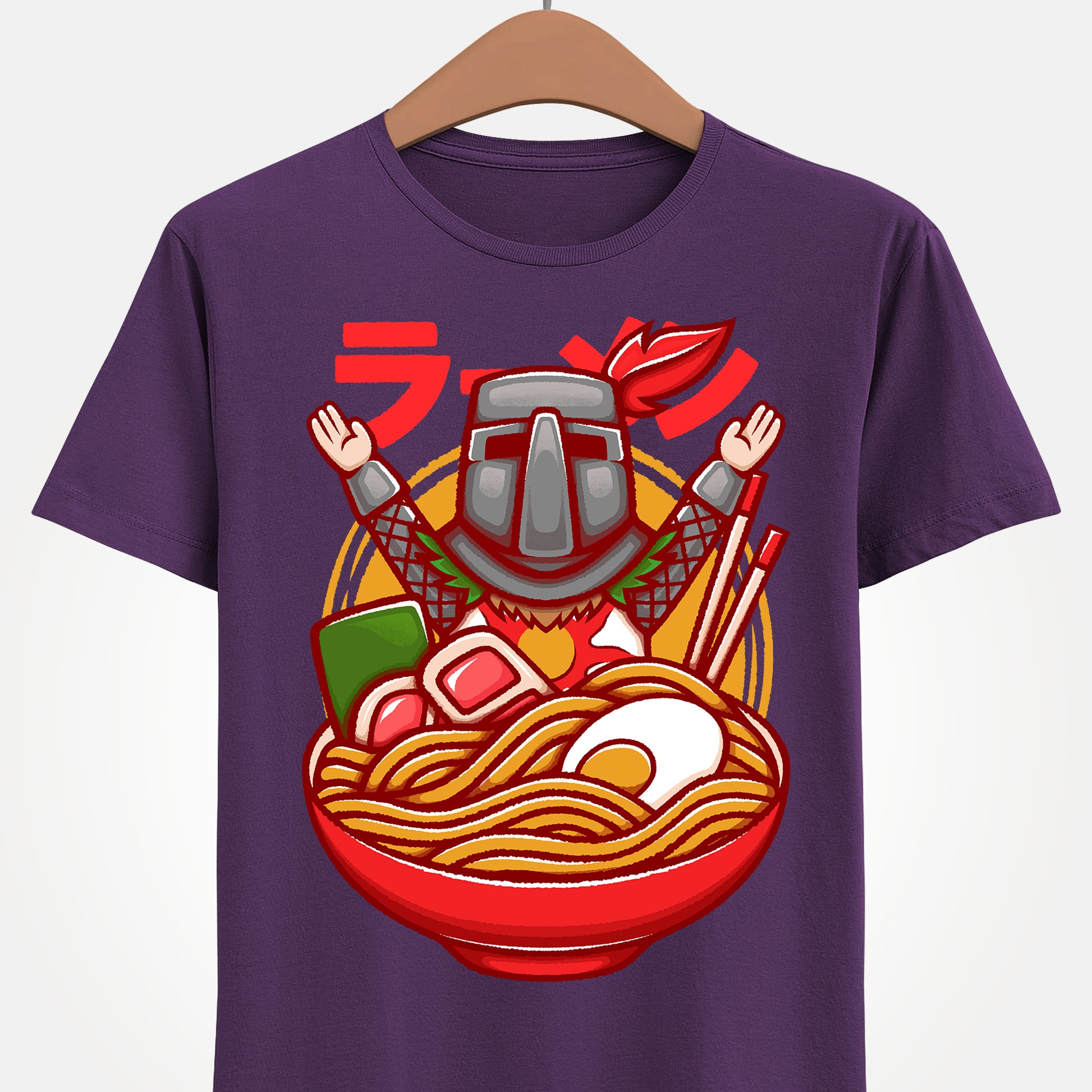 Solaire of Astora ramen t-shirt inspired by Dark Souls, featuring the iconic knight inside a stylized ramen bowl in a fun fantasy art style. This unisex gamer shirt blends action RPG energy with cozy Japanese ramen aesthetics. Perfect for fans of Dark Souls, Dark Souls II, Dark Souls III, Bloodborne, and Elden Ring. Ideal soulslike merch for collectors, FromSoftware fans, and gamers who love unique fantasy designs.