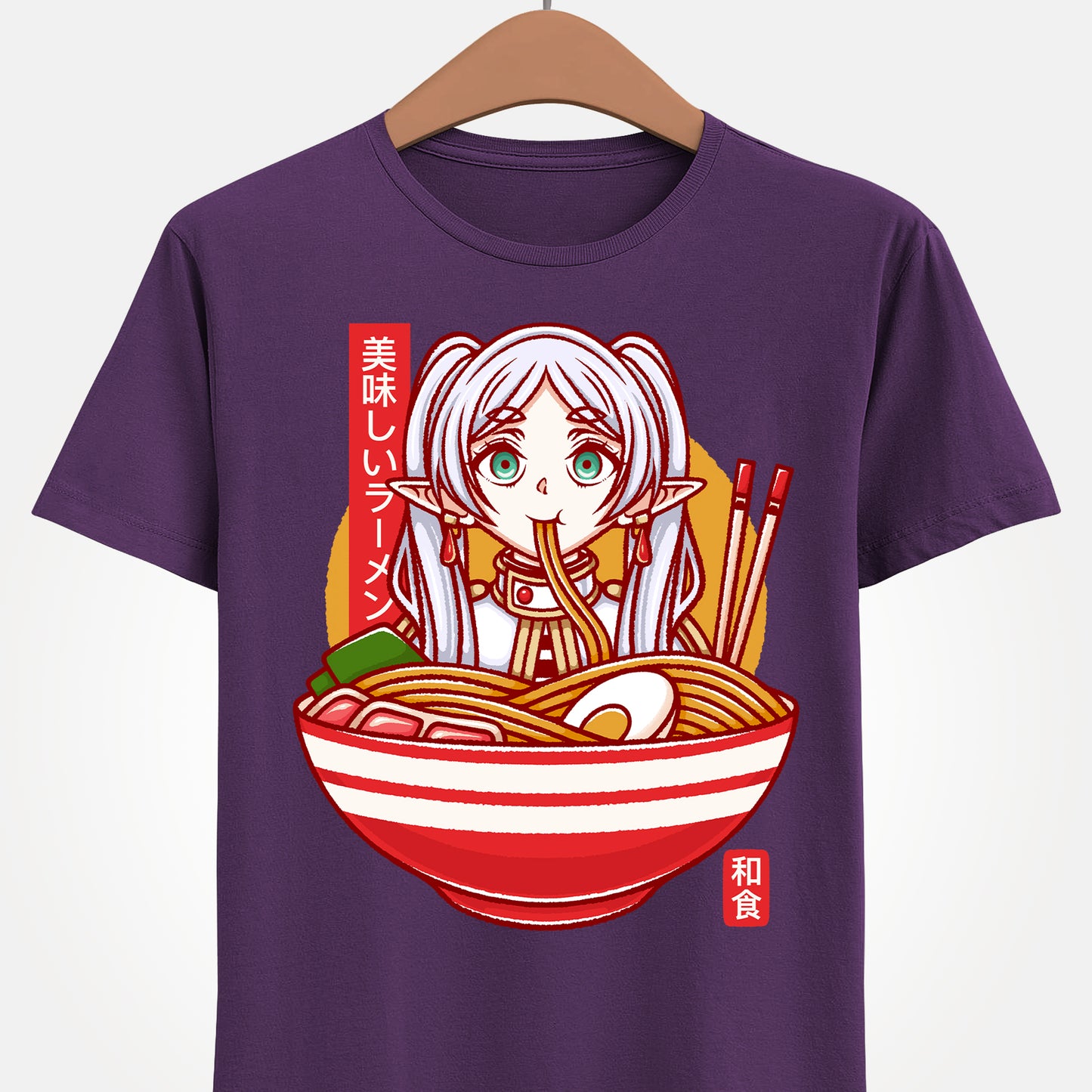 Frieren ramen t-shirt inspired by Sōsō no Frieren: Beyond Journey’s End, featuring the elf mage protagonist inside a stylized Japanese ramen bowl. This unisex anime shirt blends fantasy aesthetics with cozy ramen culture, creating a unique design for fans of the manga and anime series. Perfect anime merch for collectors, otaku enthusiasts, and lovers of Japanese art inspired apparel. Ideal t-shirt for Frieren fans and fantasy anime lovers.